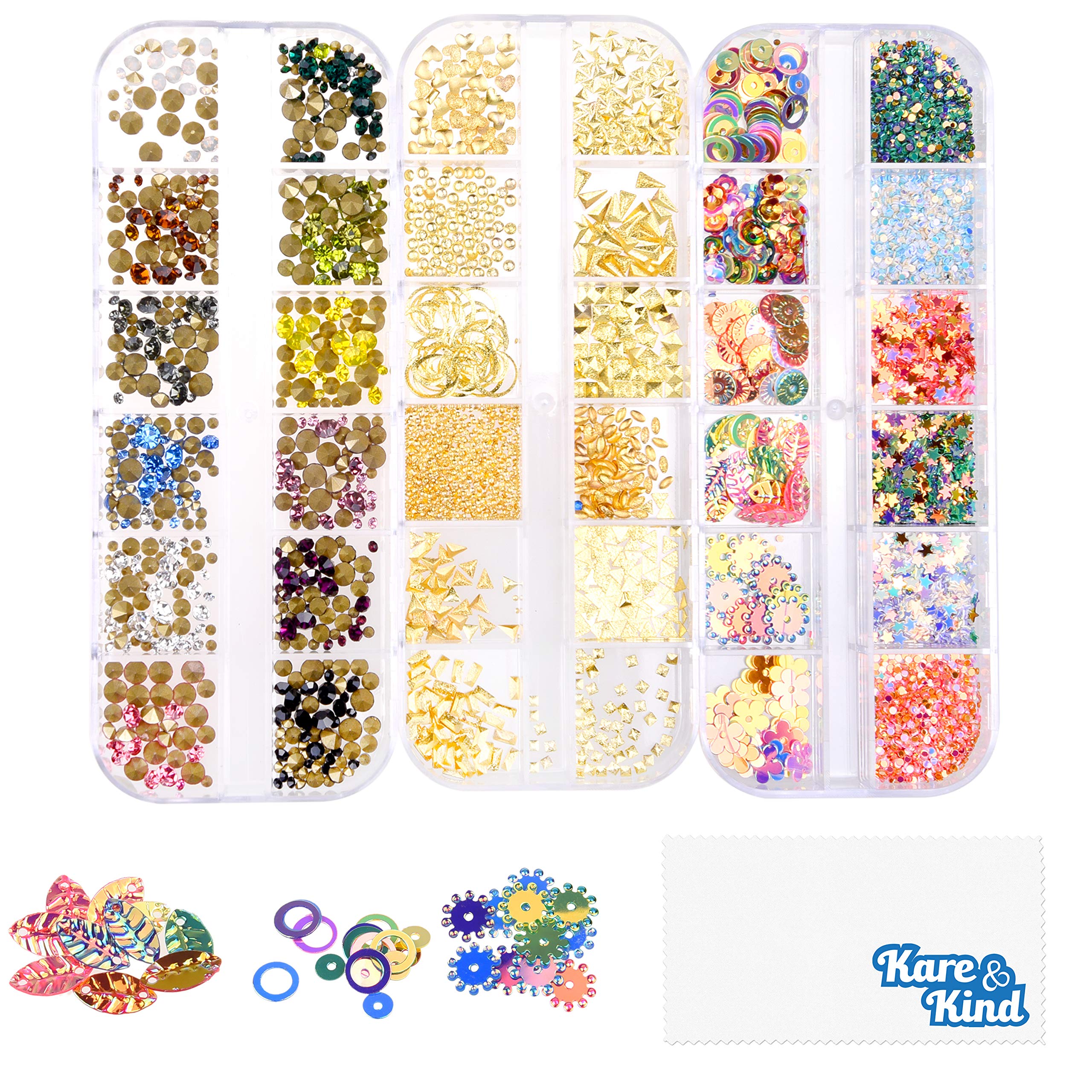 Kare & Kind 3D Nail Art Decoration Kit - 500pcs Crystals, Gems, Rhinestones for Nail Design - Gold & Colorful Studs for DIY Manicure - Salon & Home Nail Art Accessories - Perfect for Parties, Weddings, and Special Occasions