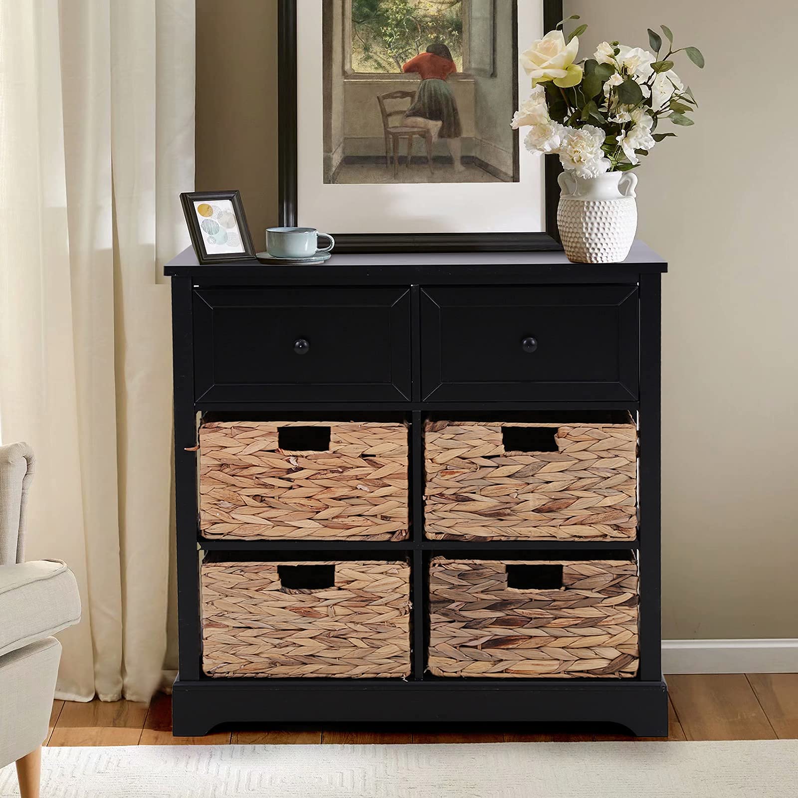 Rustic Storage Cabinet with Drawers & Baskets for Living Room Entryway - Black