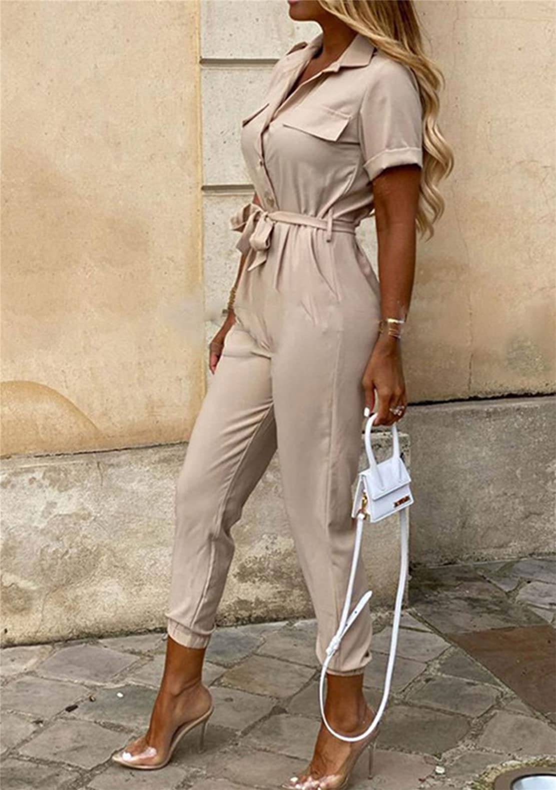 YMING Women's Casual Short Sleeve Jumpsuit - Summer Lapel Collar Romper Overalls with Belt - Plus Size Outfit for Beach, Vacation & Casual Wear