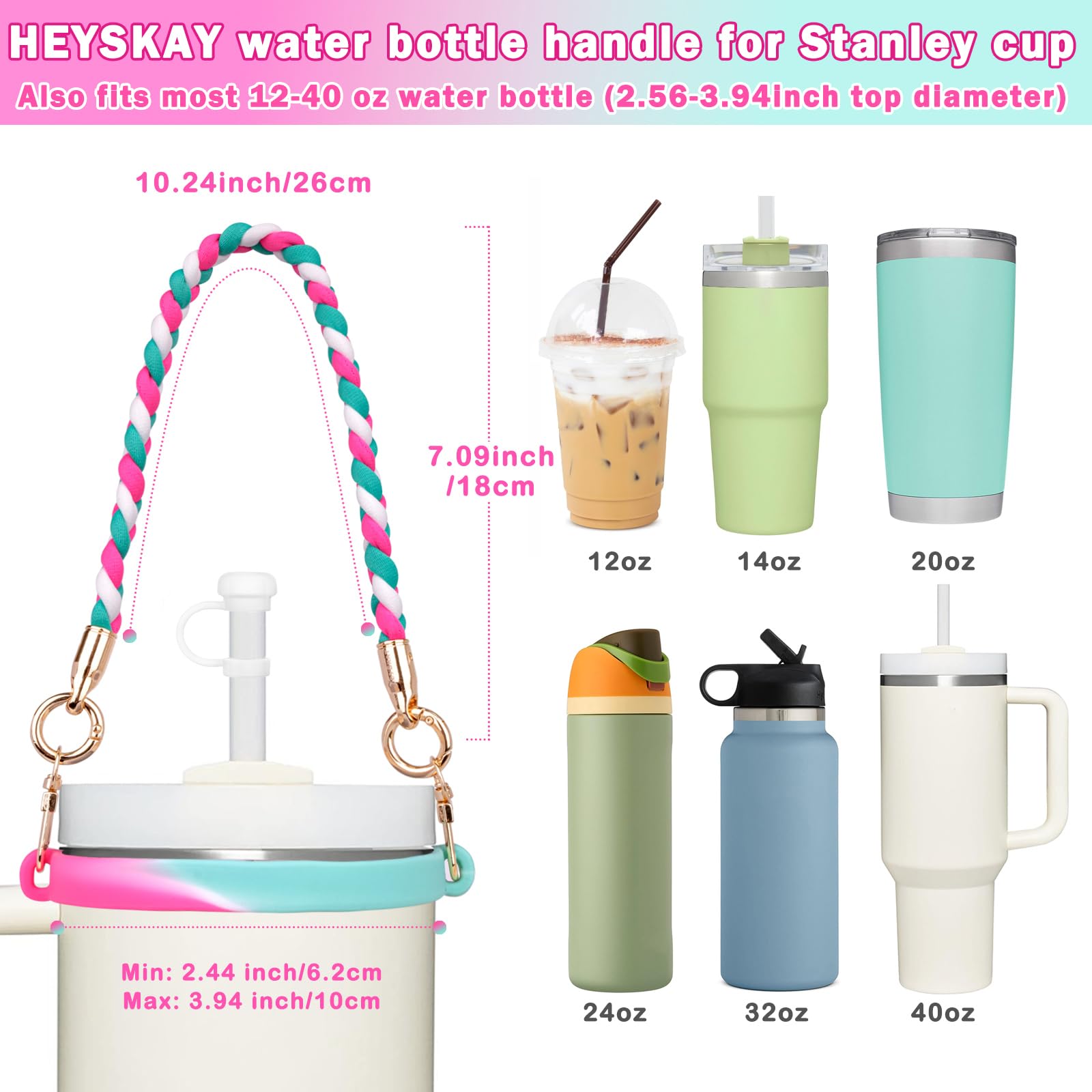 HEYSKAY Water Bottle Handle with Strap - Compatible with Stanley 12-40oz Tumblers & Owala 24-40oz Bottles - Adjustable Cup Accessories for Gym, Hiking, Travel, and Outdoor Activities