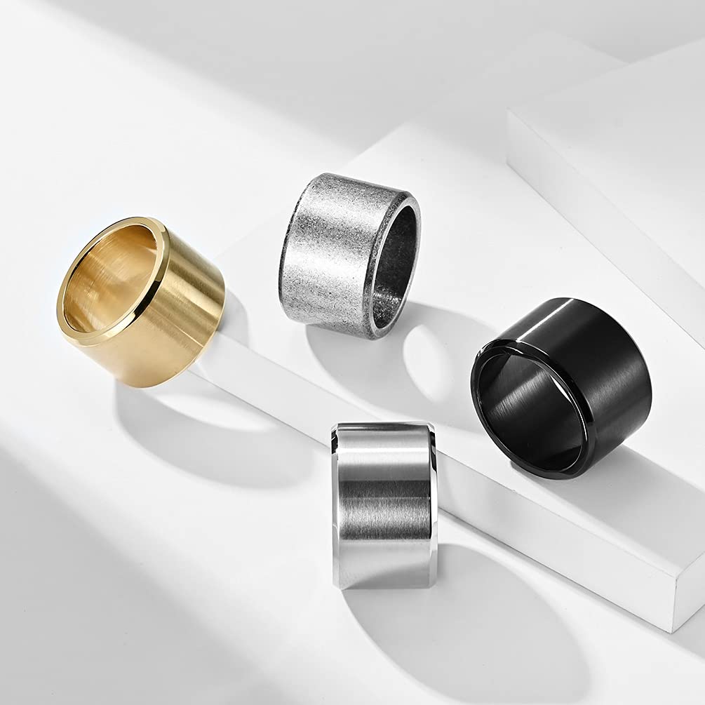 Brushed Stainless Steel Rings 15mm & 10mm - Wedding Bands for Men & Women - Biker & Thumb Rings for Everyday Wear