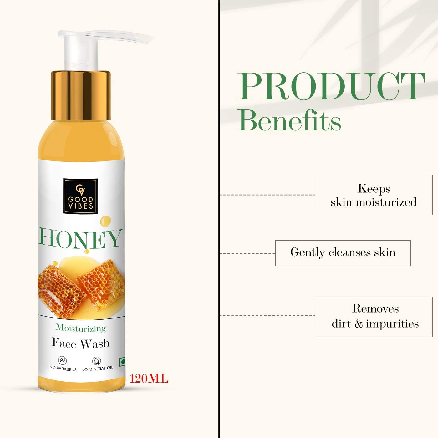 Good Vibes Honey Moisturizing Face Wash 120ml - Soothing Hydrating Cleanser for All Skin Types | Brightens Skin Tone & Adds Glow | Paraben-Free, Mineral Oil-Free | Perfect for Daily Skincare Routine & Travel