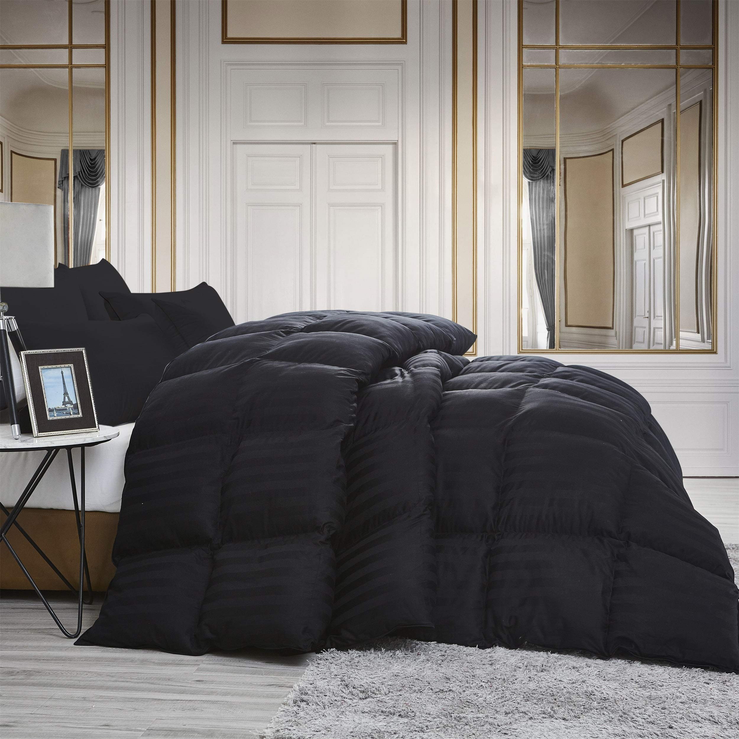 Luxury All-Season Goose Down Comforter Twin Size - 100% Egyptian Cotton Duvet Insert with Black Stripe Design, 50 oz Fill Weight for Bedroom, Guest Room & Cozy Winter Nights