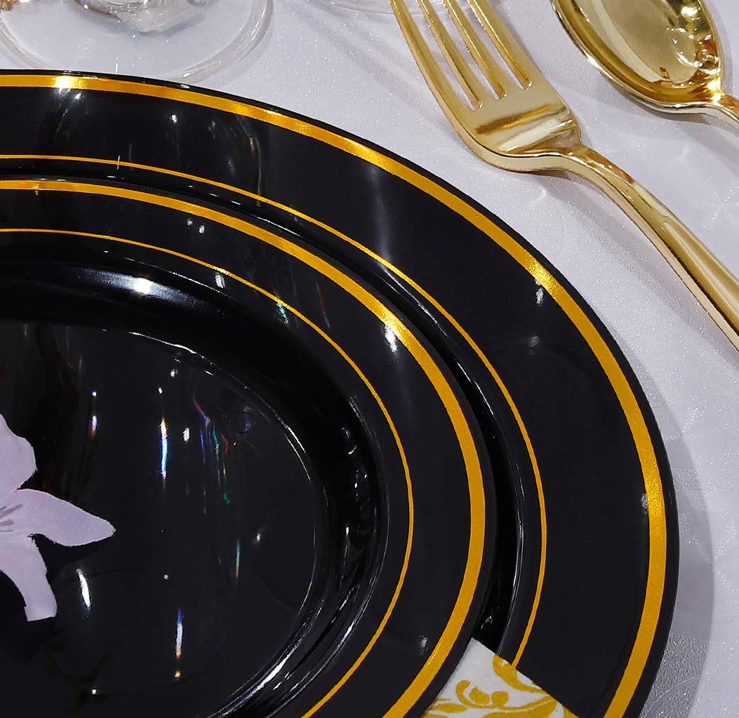 125-Piece Elegant Black Plastic Dinnerware Set with Gold Trim - Includes 25 Dinner Plates, 25 Dessert Plates, 25 Forks, 25 Knives & 25 Spoons - Disposable Gold Silverware for Parties, Weddings, New Year Celebrations & Special Events
