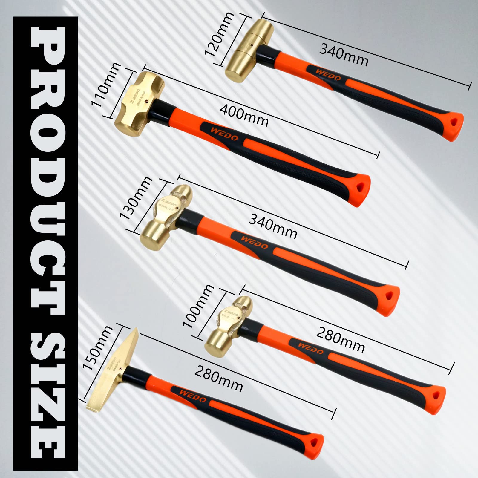 WEDO 5-Piece Hammer Set - 3lb Sledge Hammer, 1.5lb Drum Hammer, 1lb & 2lb Ball Pein Hammer, 0.7lb Scaling Hammer with Durable Fiberglass Handle - Perfect for Construction, Woodworking, Metalworking, and DIY Home Projects