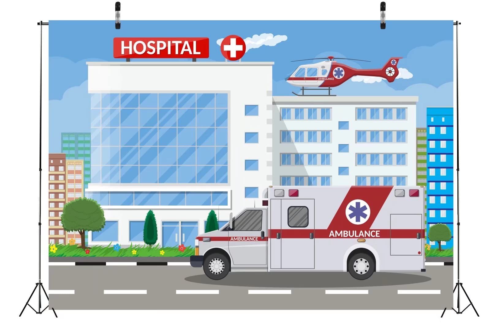 BELECO 8x6ft Cartoon Ambulance & Hospital Building Fabric Backdrop - Doctor Nurse Themed Healthcare Workers Background for Hospital Play, Birthday Party Decor, Studio Props & Photography Scenes