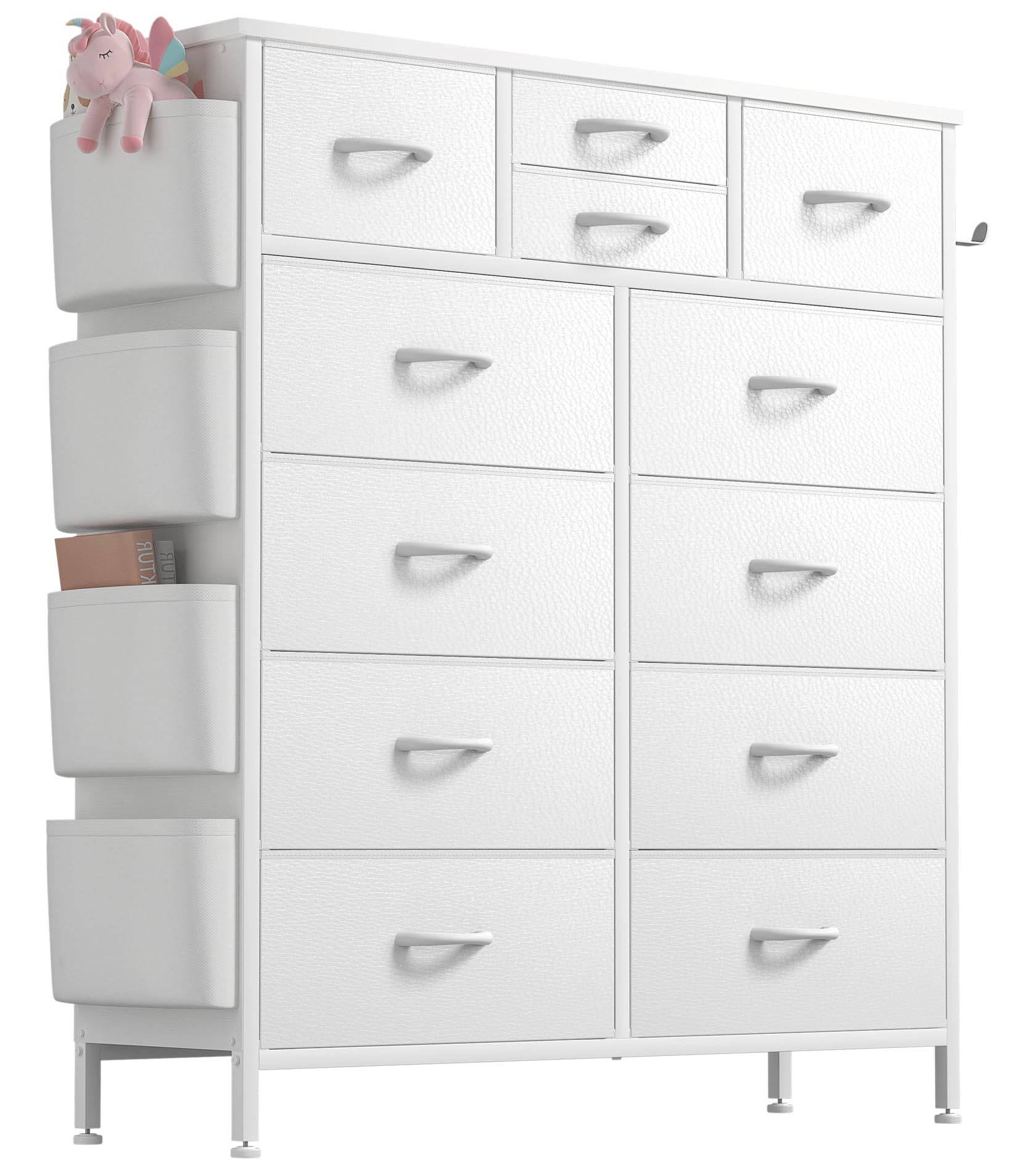 Lulive 12-Drawer Tall Dresser for Bedroom - Fabric Storage Tower with Side Pockets & Hooks - White Chest of Drawers for Closet Organization, Hallway Storage & Living Room Decor