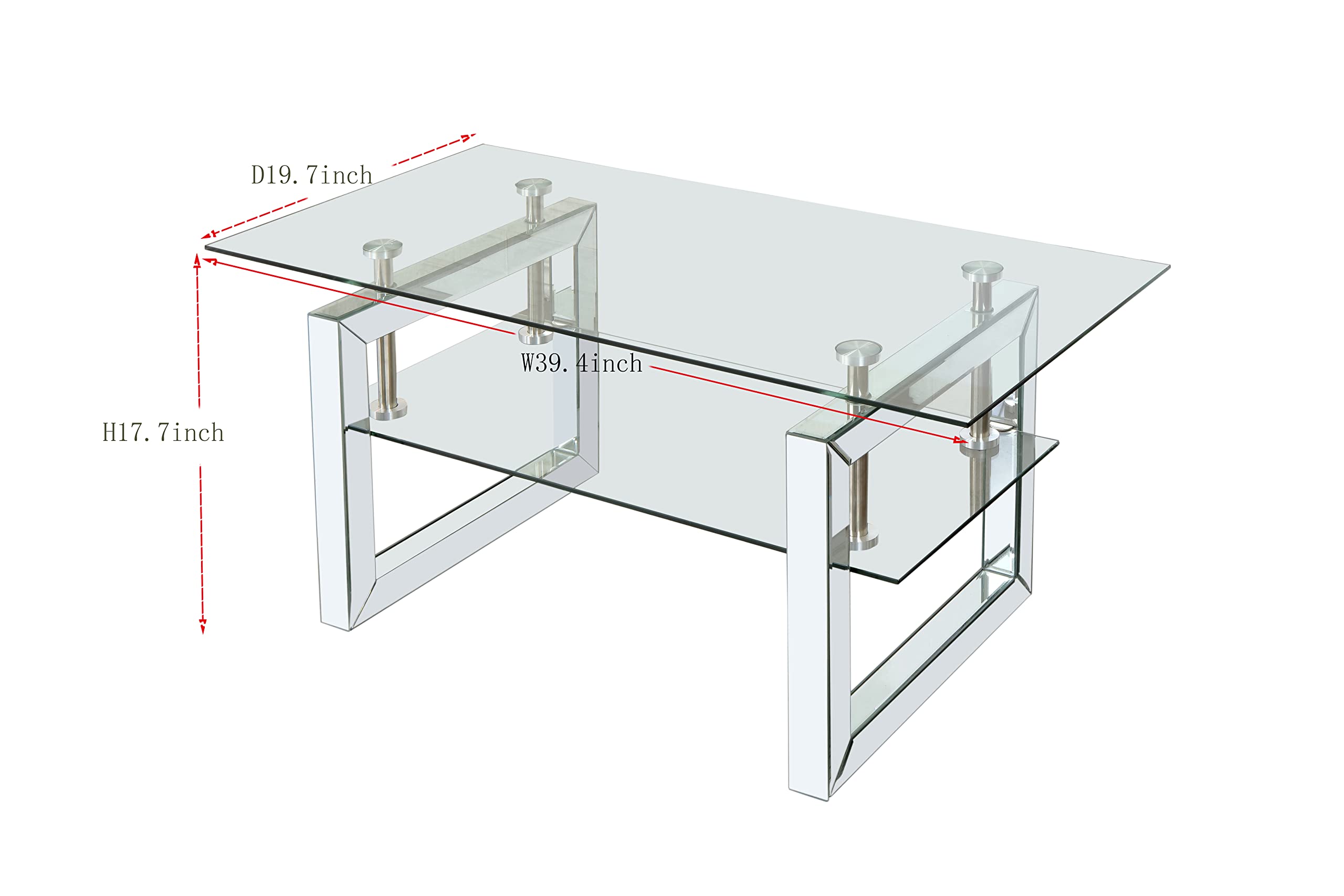Modern Rectangular Mirrored Glass Coffee Table with Tempered Glass Top & Sturdy Steel Frame - Stylish Living Room Furniture for Home Decor, Entertaining Guests & Small Space Solutions