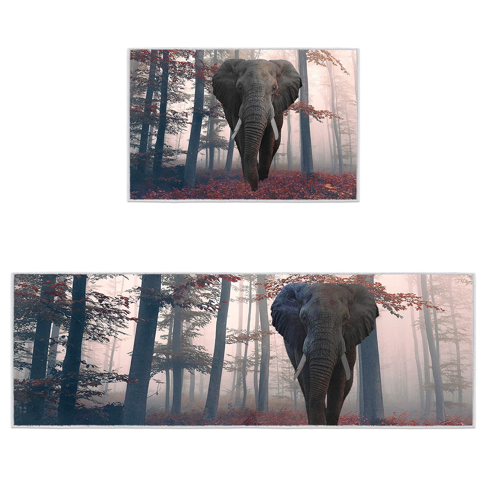 Red Maple Forest Mist Non-Slip Kitchen Runner Rug Set - Elephant Design Washable Floor Mats for Kitchen, Living Room, Bathroom & Entryway (18x30IN + 18x60IN) - Soft Indoor Carpet for Home Decor & High Traffic Areas