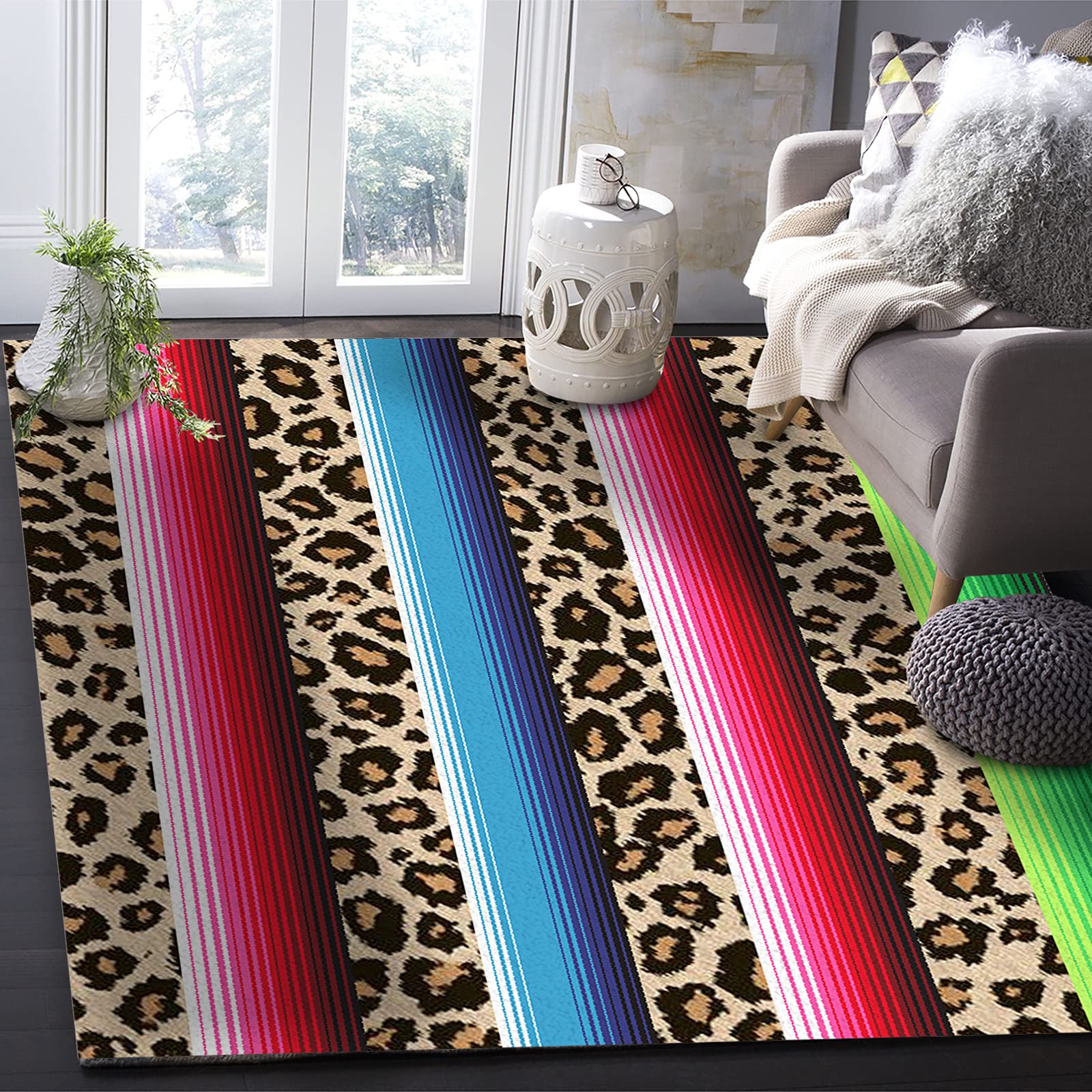 4'x6' Black and White Cow Print Boho Area Rug - Non-Shedding Indoor Outdoor Rug for Bedroom, Living Room, Entryway, Kitchen & Bathroom - Colorful Stripes Home Decor Carpet Runner for Cozy Spaces