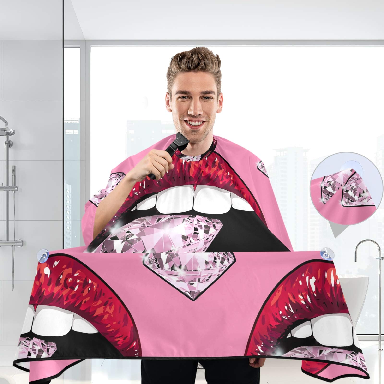 Red Lip Diamond Pink Barber Cape - Waterproof & Durable Hair Cutting Cape for Kids & Adults - Soft Salon Hairdressing Smock for Home & Professional Use
