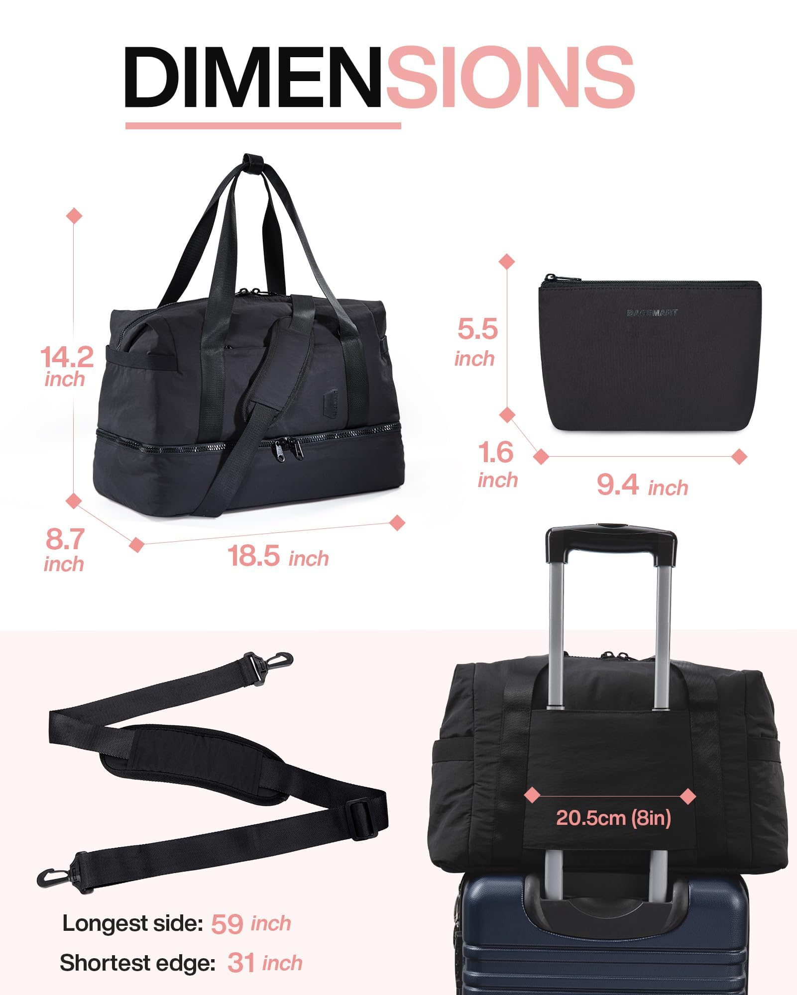 BAGSMART Women's Weekender Travel Duffel Bag with Shoe Compartment & Toiletry Bag - Airline Approved Carry-On Overnight Bag (Black, 2-Pack) for Weekend Getaways, Gym, Business Trips & Vacation Travel