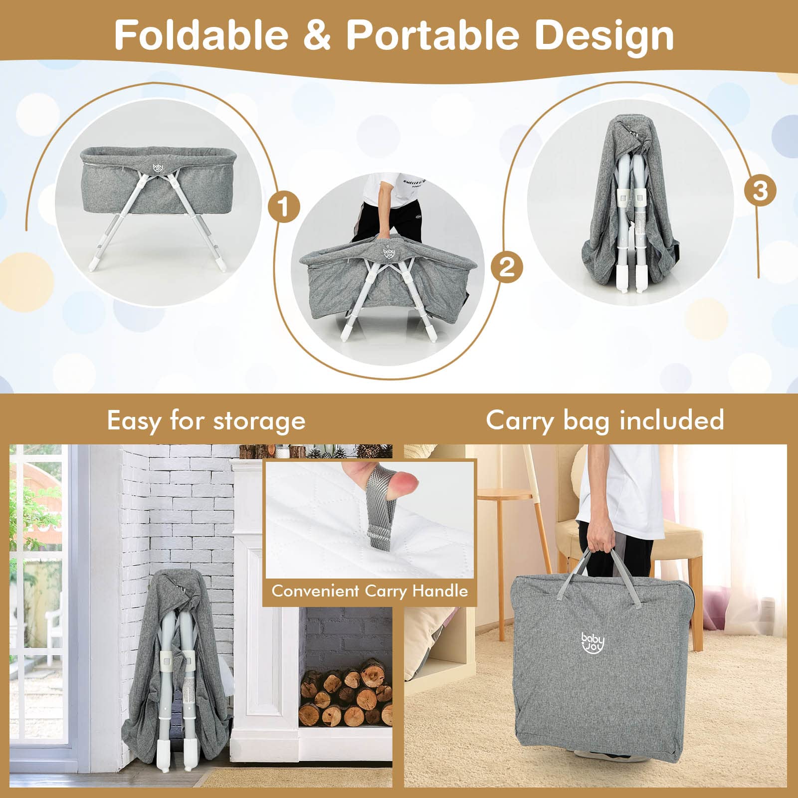 BABY JOY 2-in-1 Rocking Bassinet & Bedside Sleeper with Detachable Canopy, Breathable Mesh, Adjustable Height & Travel Bag - Portable Folding Baby Crib for Newborns - Perfect for Nursery, Bedroom & Travel Use