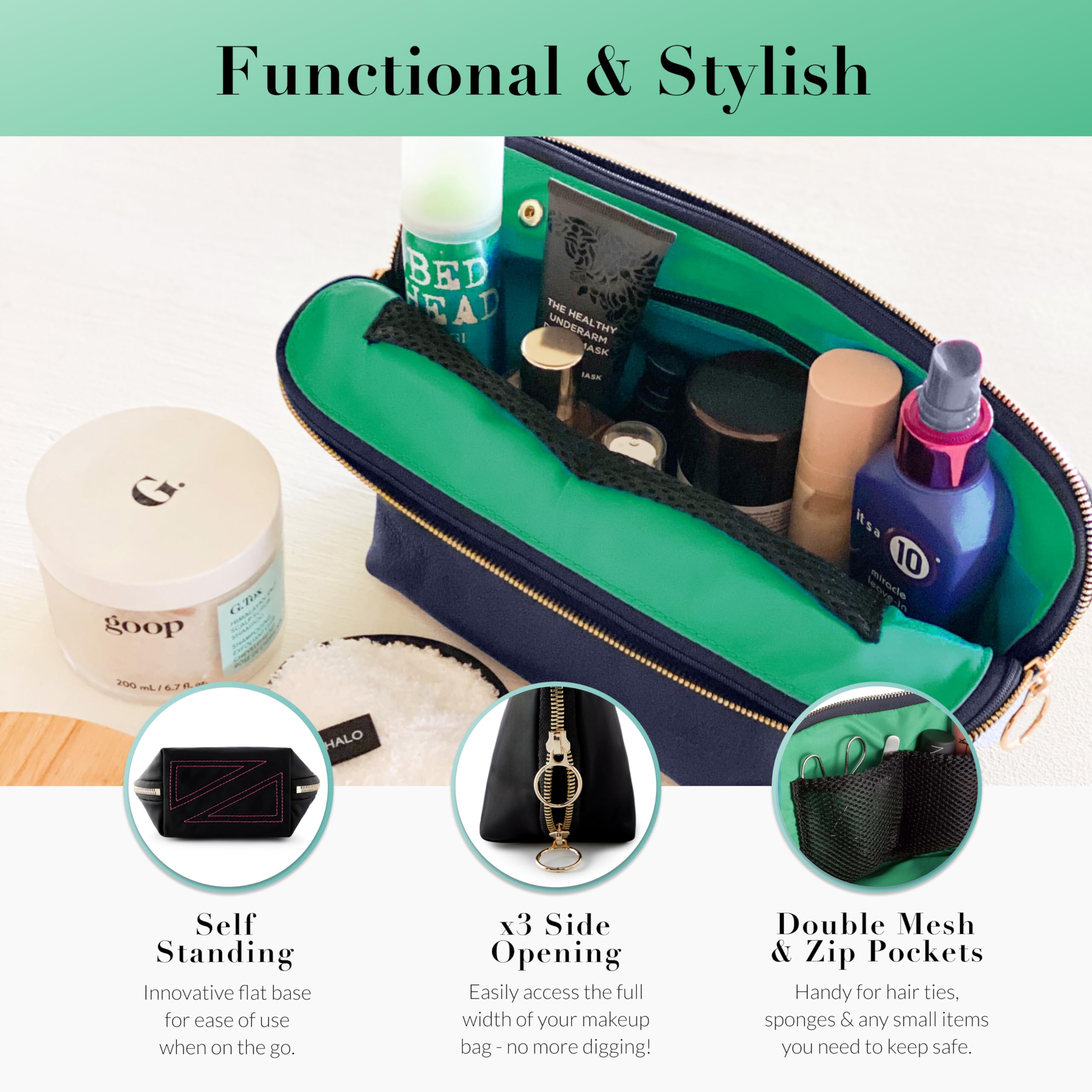 KUSSHI Waterproof Travel Makeup Bag with Brush Organizer - Reusable Cosmetic Pouch for Women, Navy & Mint - Perfect for Vacation, Gym, and Everyday Essentials Storage