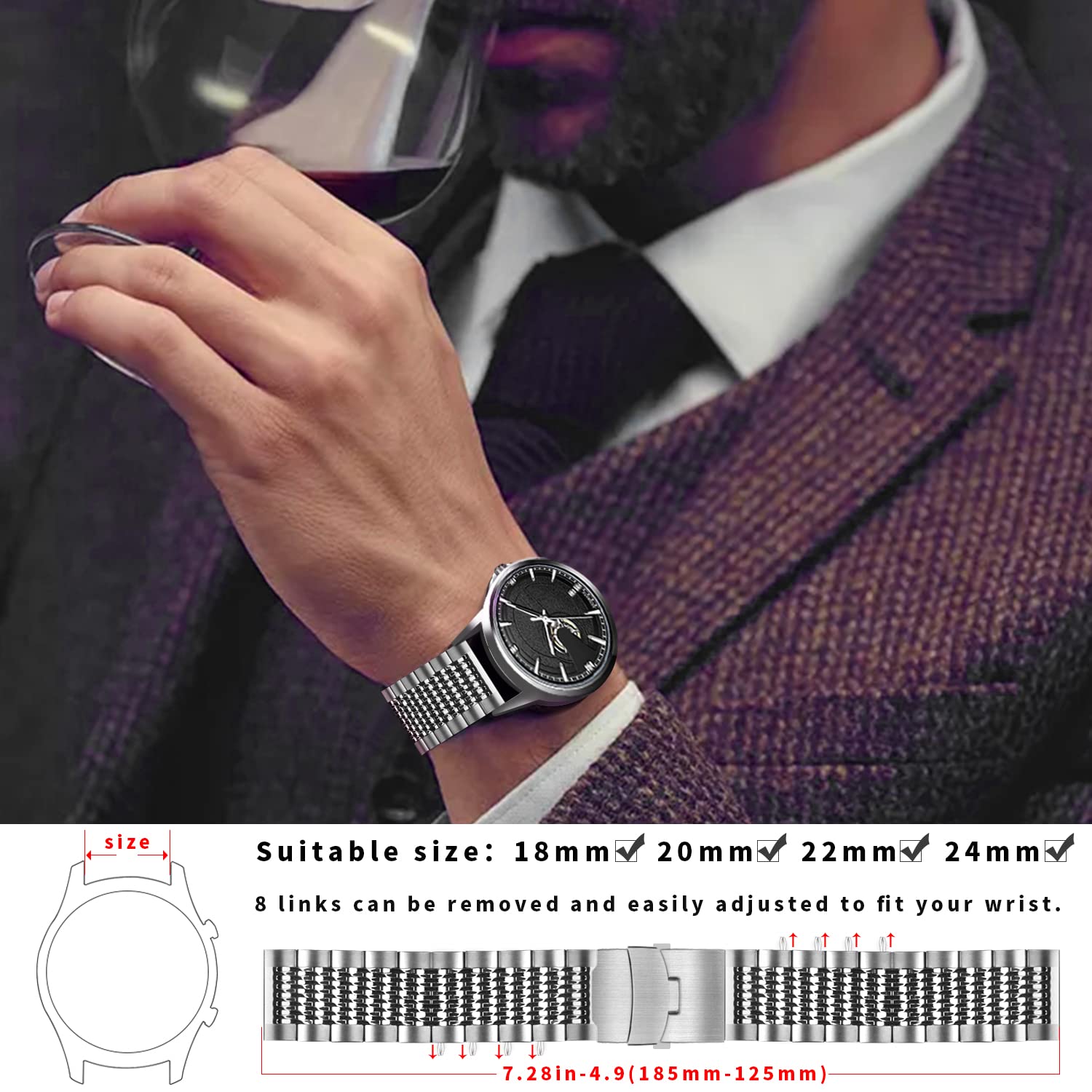 Premium Quick Release Stainless Steel Watch Band - 18mm 20mm 22mm 24mm Sizes for Men & Women | Luxury Metal Replacement Strap for Apple Watch, Samsung, Fitbit - Perfect for Work, Gym & Everyday Wear