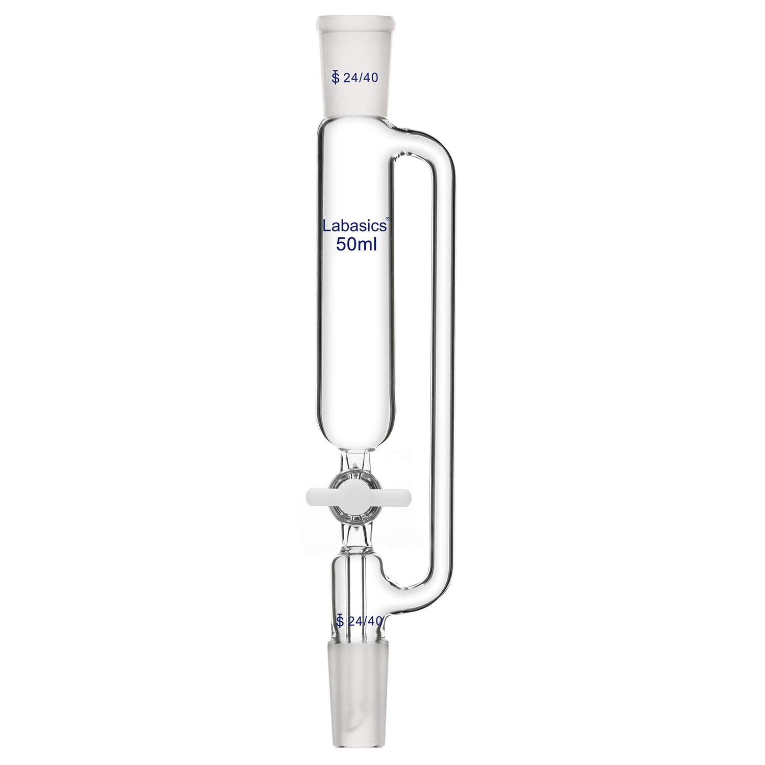 Labasics 50ml Pressure Equalizing Addition Funnel, Borosilicate Glass Dropping Funnel with 24/40 Joint & PTFE Stopcock - Ideal for Precise Liquid Transfer in Chemistry Labs, Distillation, and Titration Experiments
