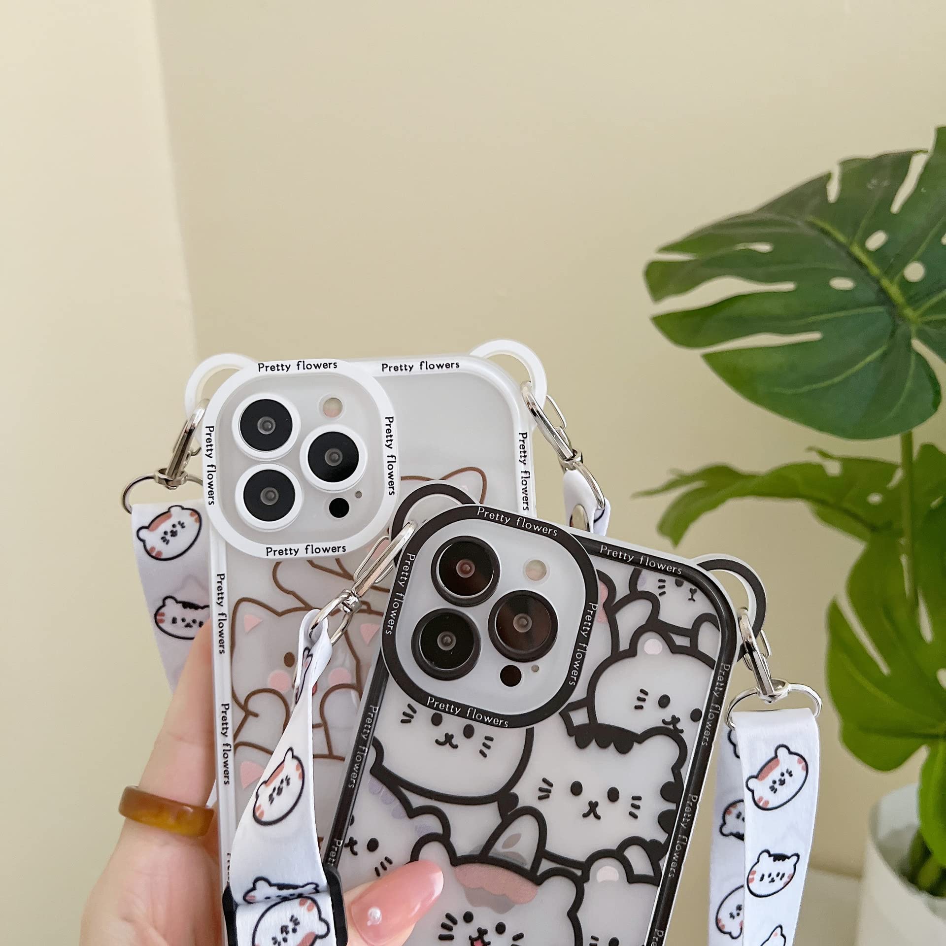 Fycyko Cute Bear Kawaii Cartoon iPhone 13 Pro Max Case with Adjustable Crossbody Strap & Neck Lanyard - Shockproof Protective Cover for iPhone 13 Pro Max (Black) - Perfect for Daily Use, Travel, and Outdoor Activities