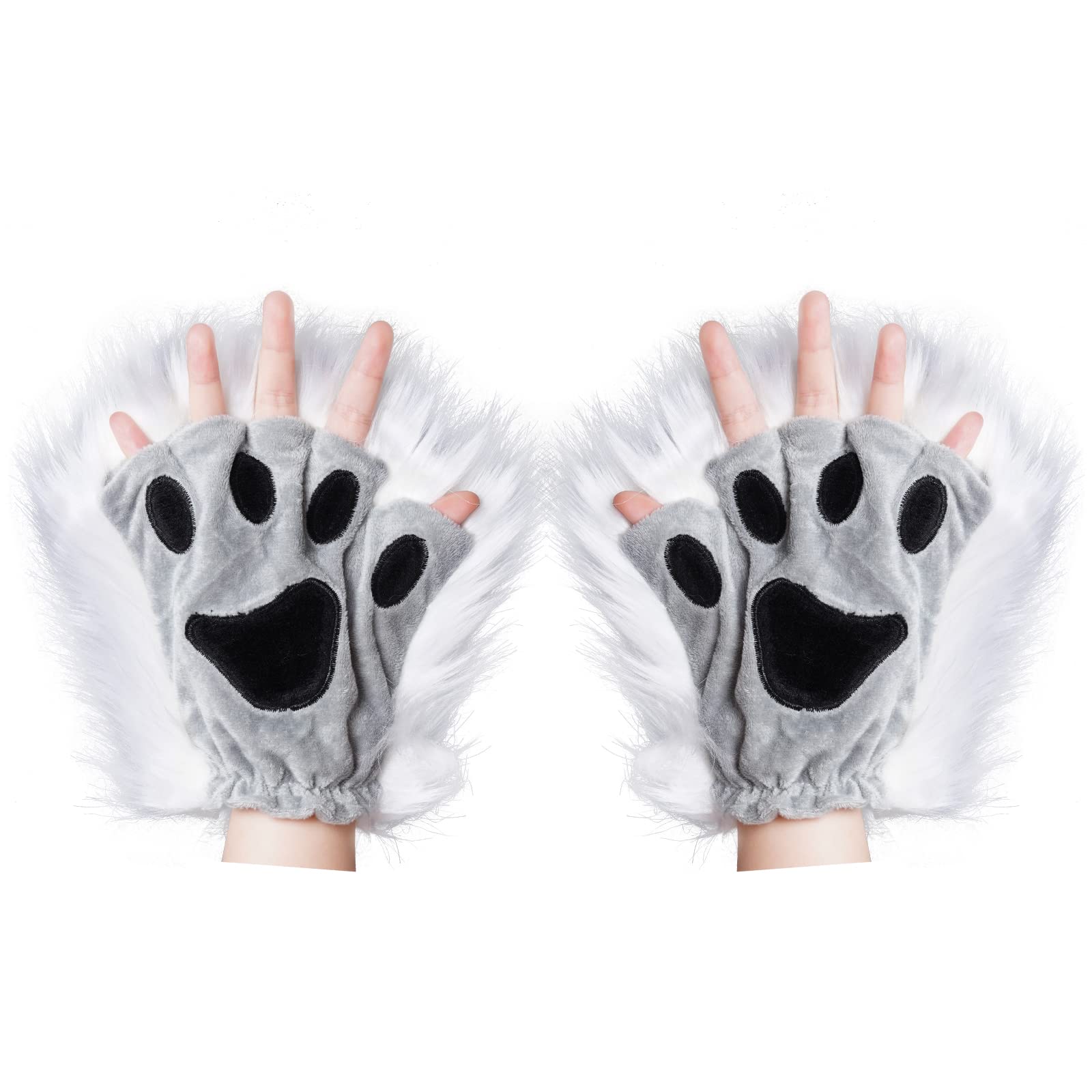 Faux Fur Wolf Fox Tail Hair Clips with Ears & Gloves Set - Halloween Christmas Cosplay Costume Accessories for Party Dress Up & Role Play