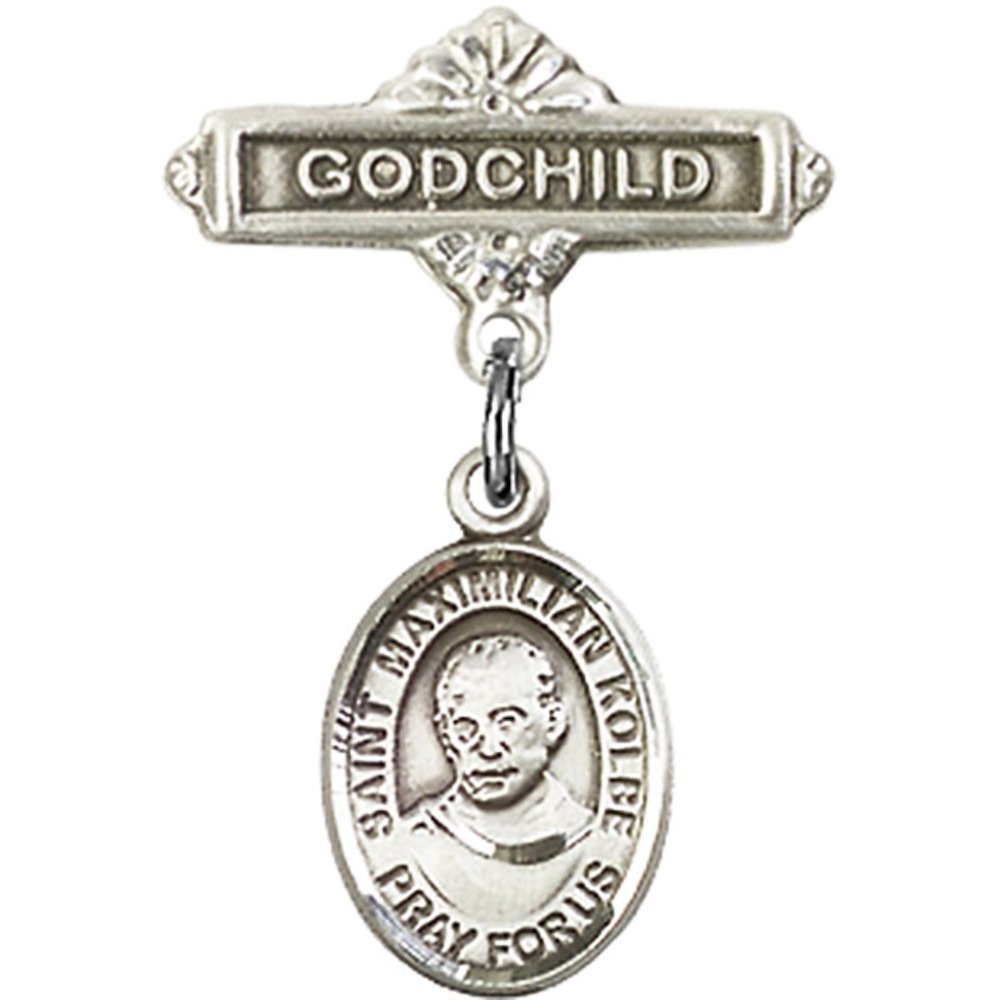 St. Maximilian Kolbe Sterling Silver Baby Badge & Godchild Pin - 1 X 5/8 Inch Religious Jewelry for Baptism, Christening & First Communion Gifts
