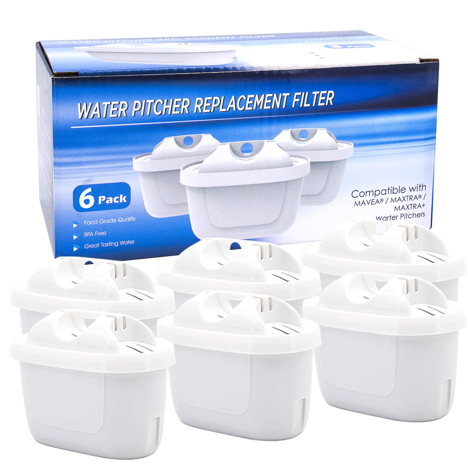Anmumu 6-Pack Replacement Water Filter Cartridges for Mavea 1001122 Maxtra & LEVOIT Pitcher - Lead & Arsenic Removal - Pure Drinking Water for Home, Office & Travel