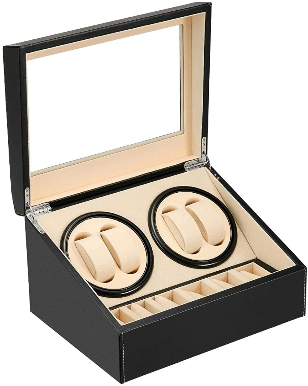 Premium Automatic Watch Winder with 4 Silent Japanese Motors & 6 Display Slots - Luxury Leather Watch Storage Box for Men & Women - AC Adapter Included - Perfect for Watch Collectors & Jewelry Display at Home/Office