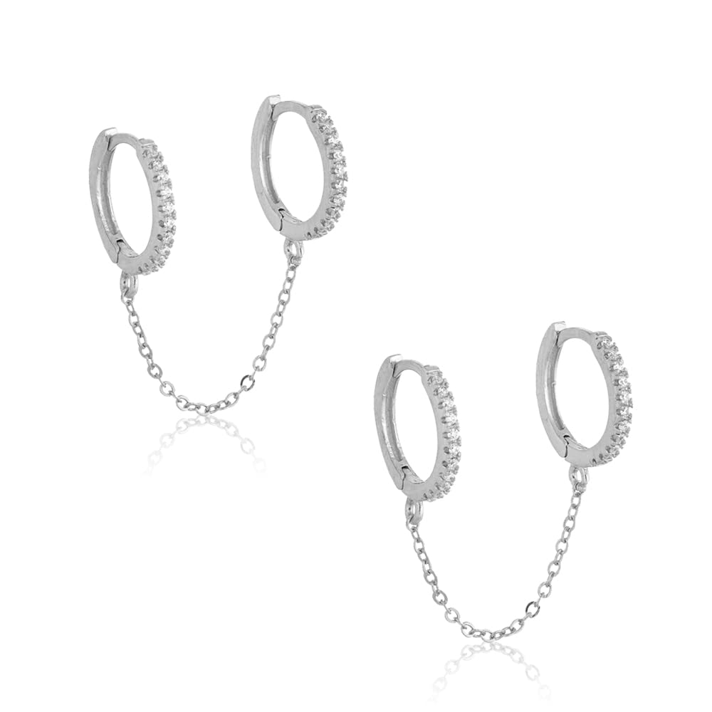 Unique Small Silver Chain Handcuff Hoop Earrings - Double Piercing Crystal Dangle Drop Cartilage Earrings for Men & Women | Trendy Huggie Hoops for Everyday Wear, Parties & Gifts