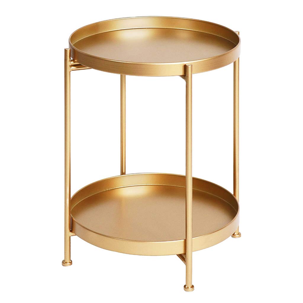 YF-Mirror 2-Tier Round Metal Side Table with Small Tray - Rustproof & Waterproof Folding End Table for Living Room, Bedroom, Patio - Gold Accent Coffee Table & Nightstand for Indoor Outdoor Use