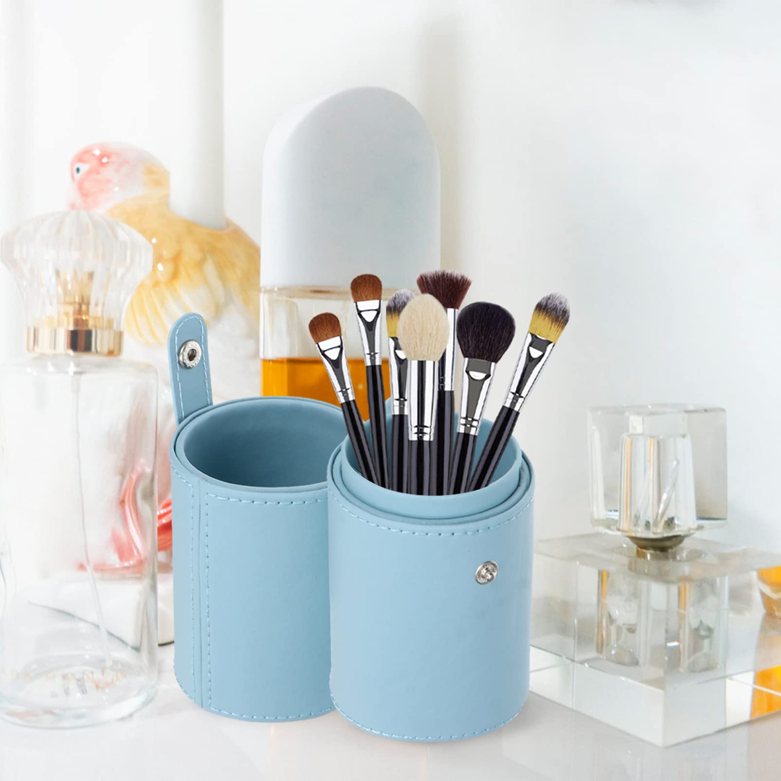 FOMIYES Makeup Brush Organizer Bag with Lid - Travel Cosmetic Brush Holder Case, PU Leather Storage Box for Women & Girls (Lake Blue) - Perfect for Travel, Home, and Salon Makeup Brush Organization