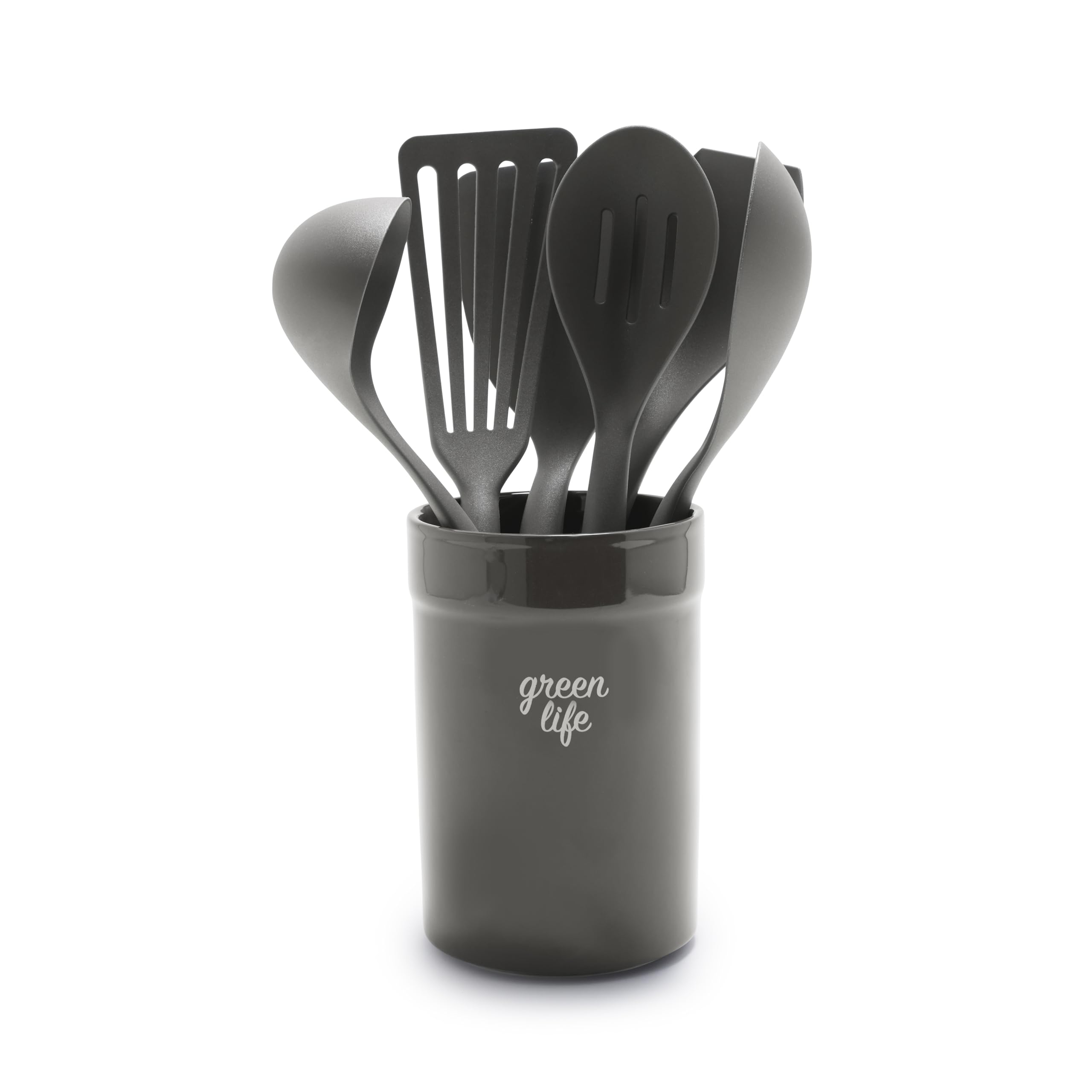 GreenLife 7-Piece Non-Toxic Kitchen Utensil Set - BPA-Free Nylon & Wooden Cooking Tools with Heat-Resistant Spatula, Spoons & Ceramic Crock Holder - Perfect for Baking, Cooking & Serving - Eco-Friendly Black Kitchen Essentials