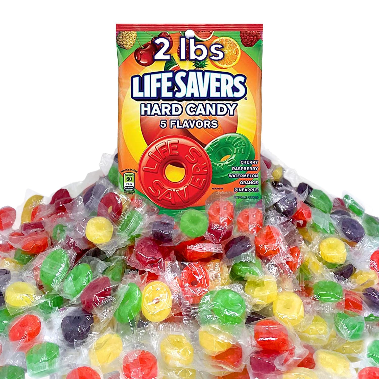 Smiling Sweets Life Savers Hard Candy - 5 Assorted Flavors (Cherry, Watermelon, Orange, Pineapple, Raspberry) - 2 lb Bulk Bag - Individually Wrapped Candies - Perfect for Pantry Stocking, Party Favors, Office Snacks & Holiday Treats