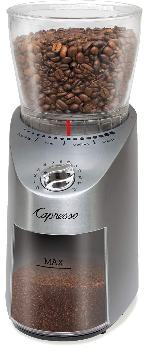 Capresso 575.05 Infinity Plus Conical Burr Coffee Grinder - Stainless Steel Bundle with East Coast Blend Coffee Beans & Cleaning Brush | Perfect for Home Brewing, Espresso Making & Coffee Enthusiasts