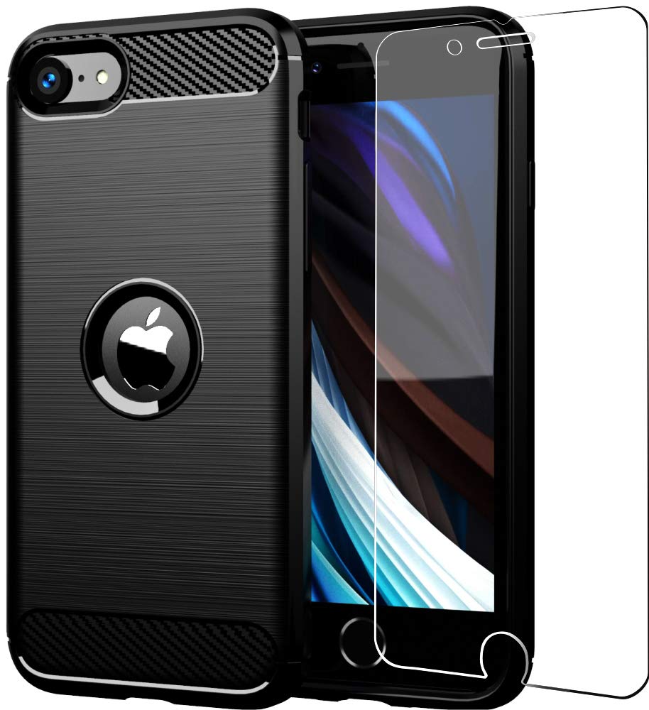 Folmeikat Shockproof TPU Silicone Case with Reinforced Corners & Slim Screen Protector for iPhone SE 2022/iPhone 8/iPhone 7 (4.7 Inch, Black) - Perfect for Daily Protection & Drop Resistance