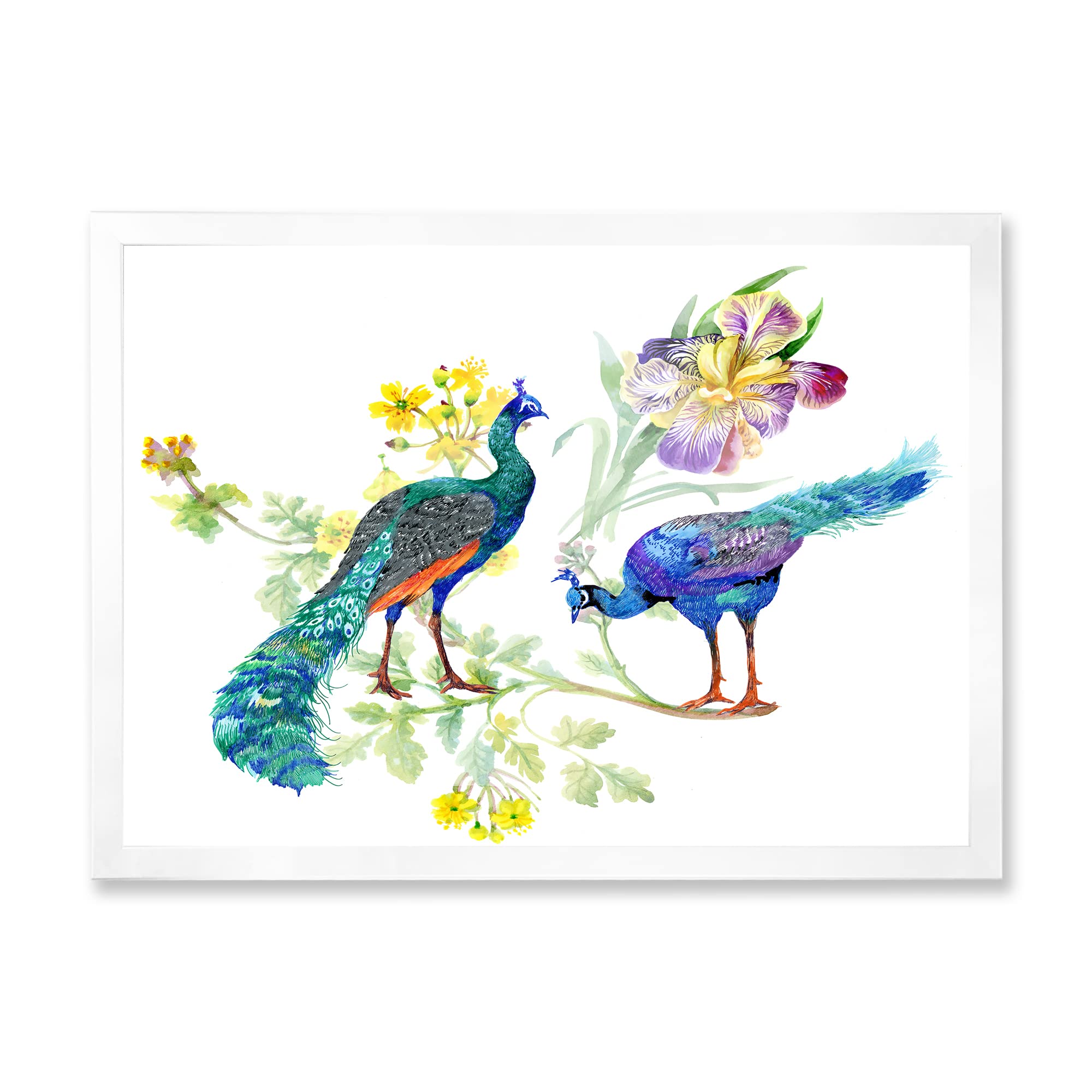 DesignQ Peacocks and Iris Flowers Traditional Framed Wall Art - Elegant Home Decor for Living Room, Bedroom & Office | Perfect Gift Idea