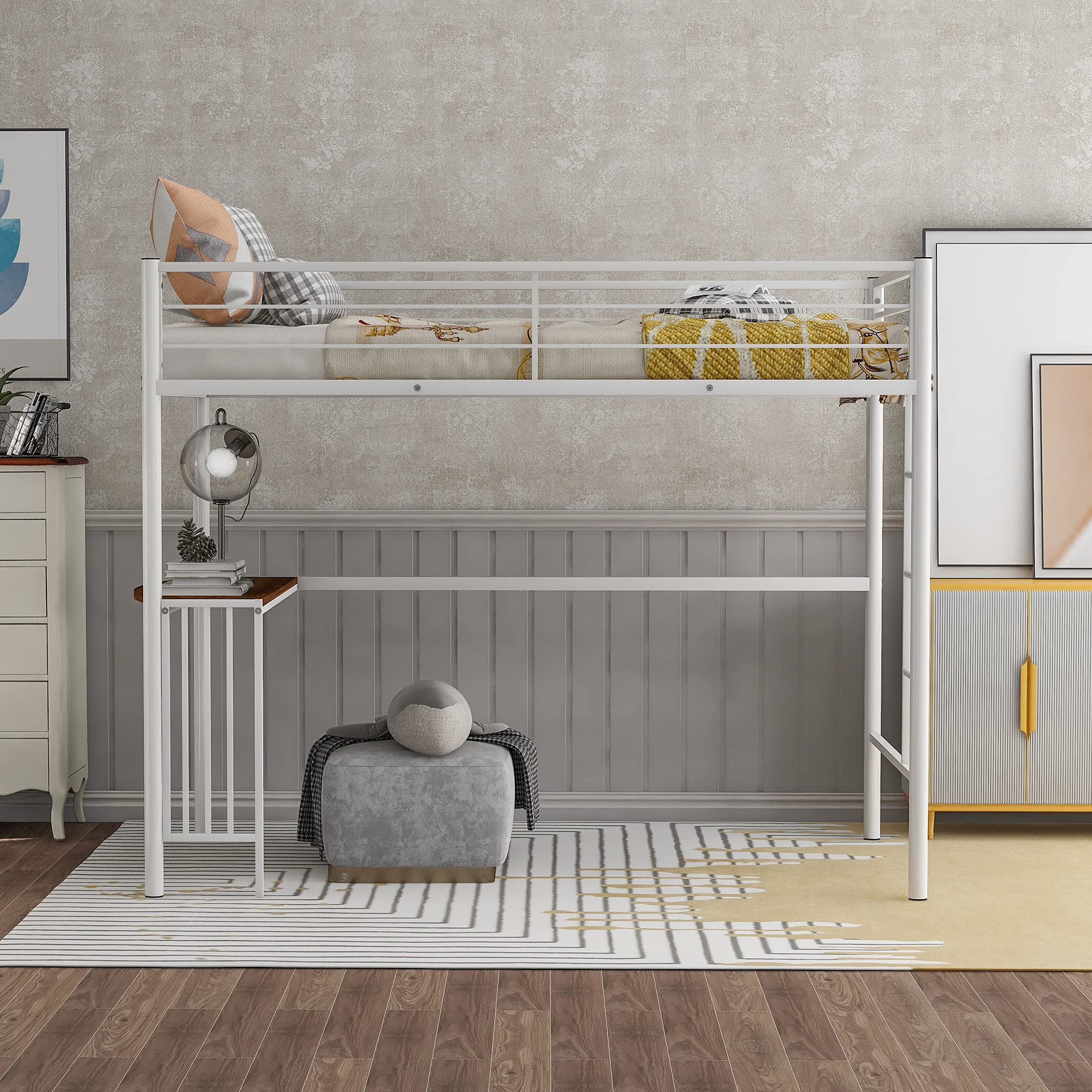 **Metal Loft Bed Frame with Ladder, Guardrails, Desk & Bookcase - Twin Size Space-Saving Bunk Bed for Teens, Kids, Boys & Girls (White) - Perfect for Small Bedrooms, Dorms & Studio Apartments**