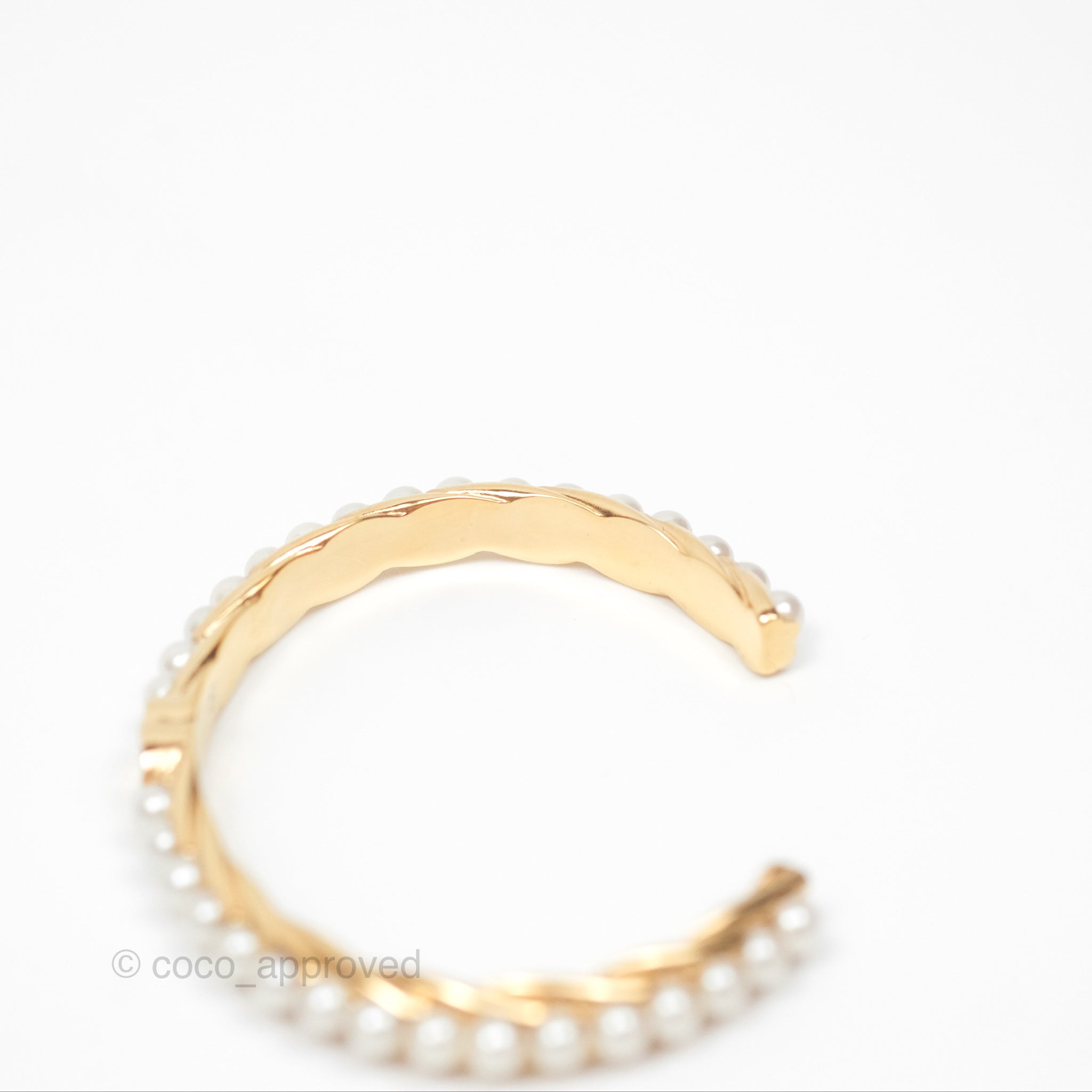 Chanel CC Pearls Bangle Bracelet in Gold Tone - 23A Collection | Elegant Pearl & CC Logo Design for Women | Perfect for Parties, Weddings & Special Occasions