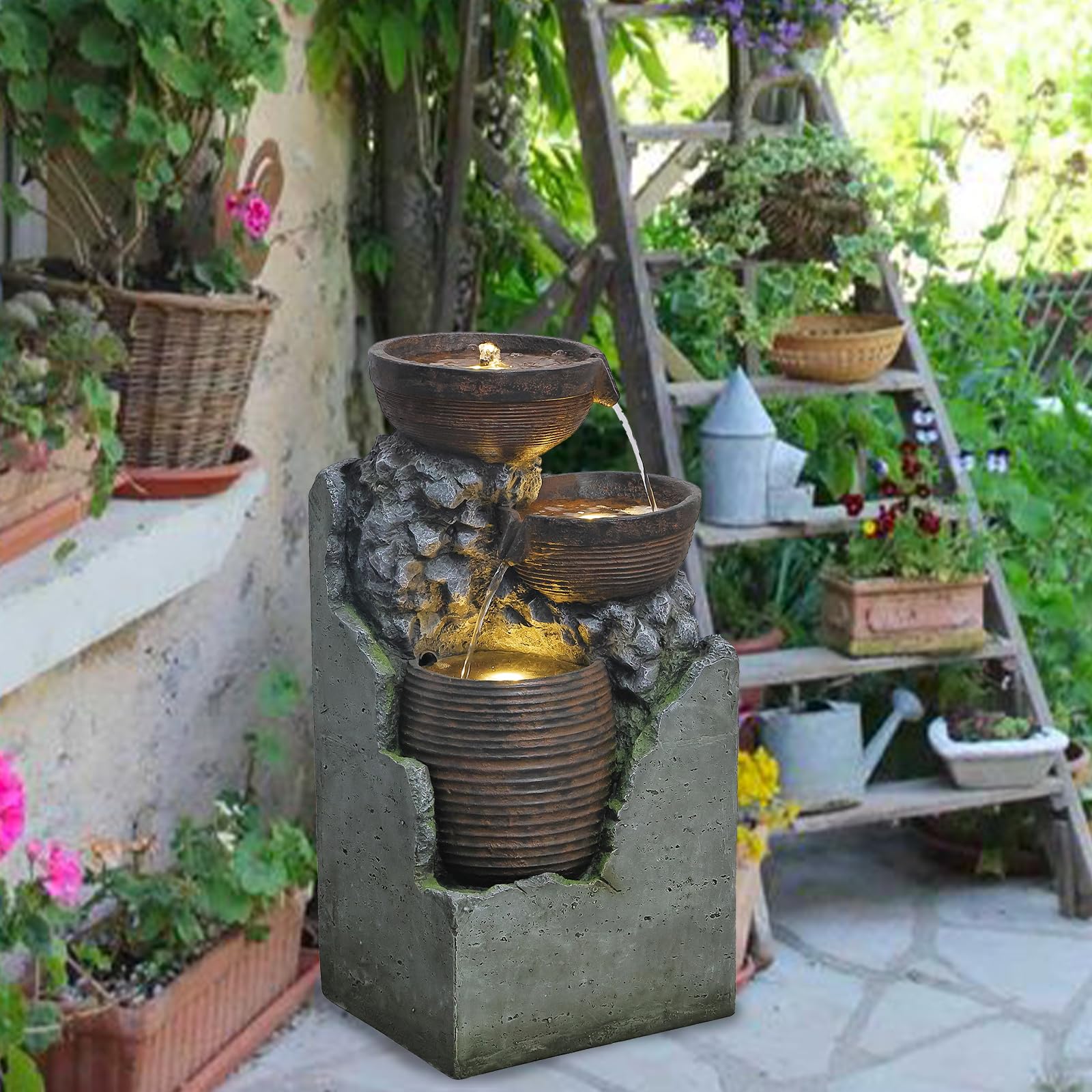 Solar Powered 3-Tier Outdoor Water Fountain with LED Lights - 28 Inch Garden Waterfall Feature for Patio, Yard, Porch, Deck & Pool Decor | Perfect for Relaxation & Zen Atmosphere