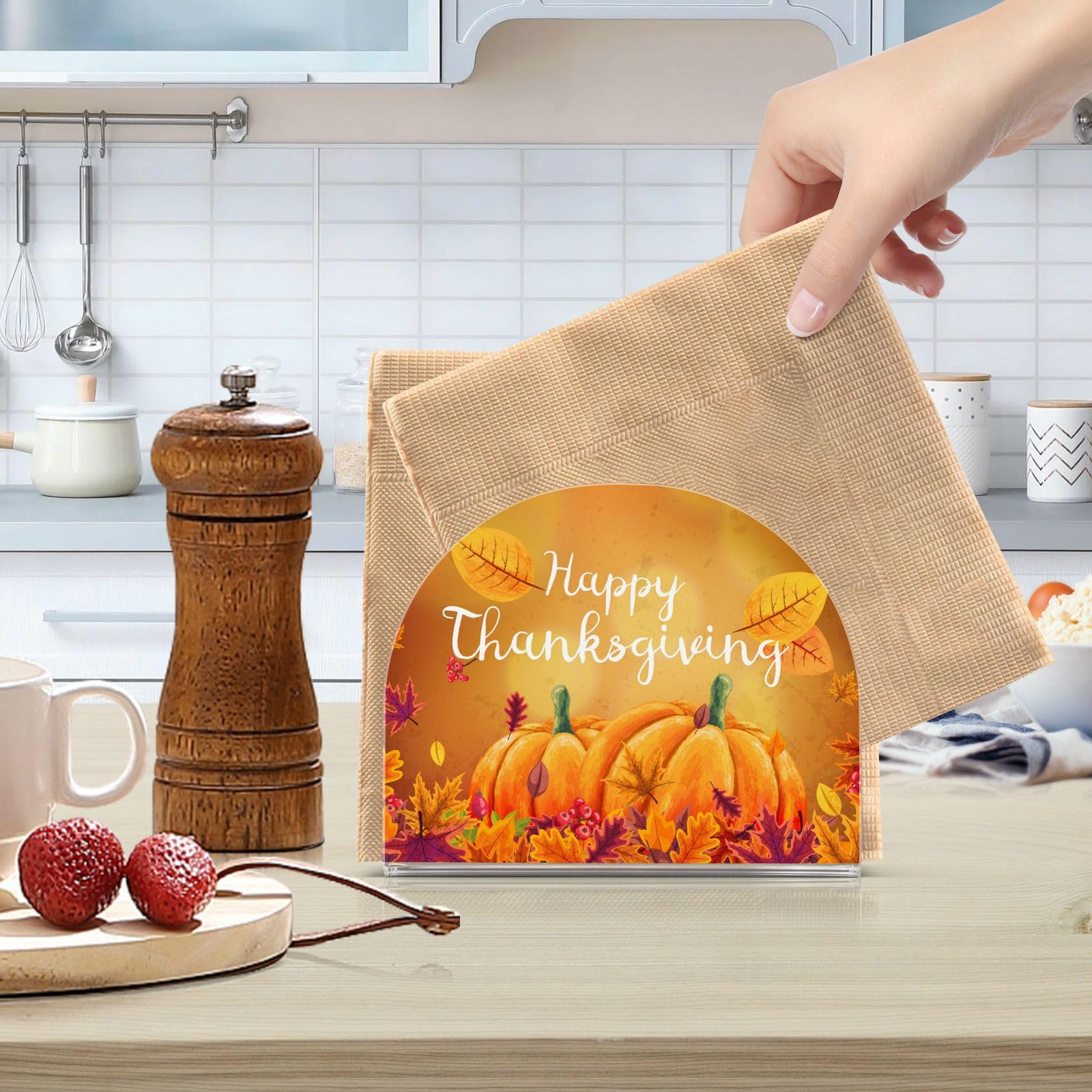 Happy Thanksgiving Acrylic Napkin Holder - Autumn Leaves & Pumpkin Design for Table, Kitchen, Dining, Restaurant, and Home Bar - Perfect for Holiday Decor and Cocktail Napkin Dispenser
