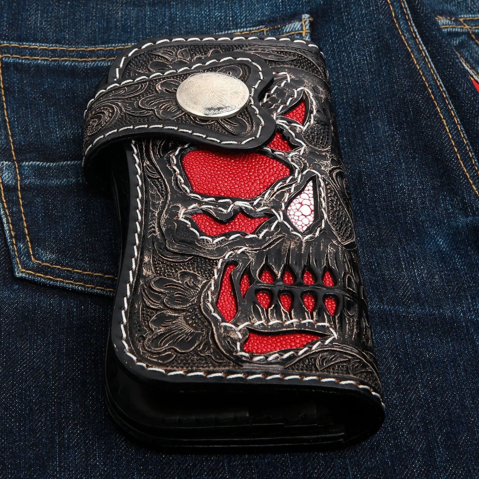 Hand Tooled Rider Skull Genuine Leather Biker Wallet - Custom Motorcycle Wallet for Men - Perfect for Biker Gifts, Motorcycle Rides & Everyday Use
