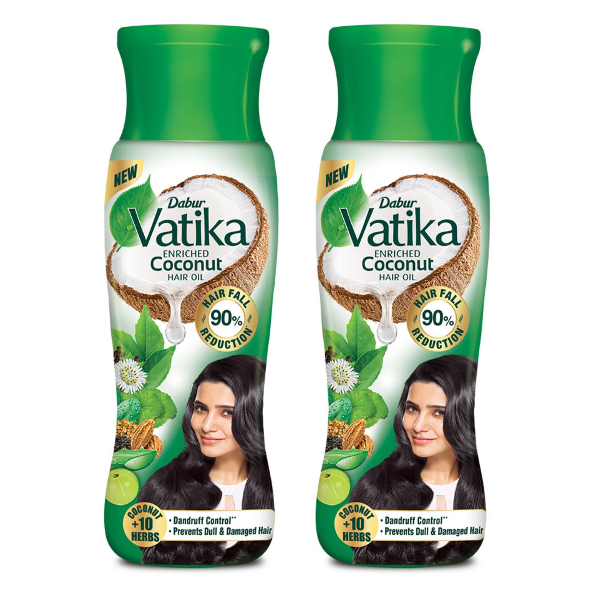 DABUR Vatika Enriched Coconut Hair Oil - 600ml (Pack of 2, 300ml x 2) | Clinically Proven to Reduce 90% Hair Fall in 4 Weeks | Strengthens & Nourishes Hair with 10 Herbs | For Strong, Thick & Shiny Hair | Prevents Damage & Breakage | Perfect for Daily Hair Care & Scalp Massage