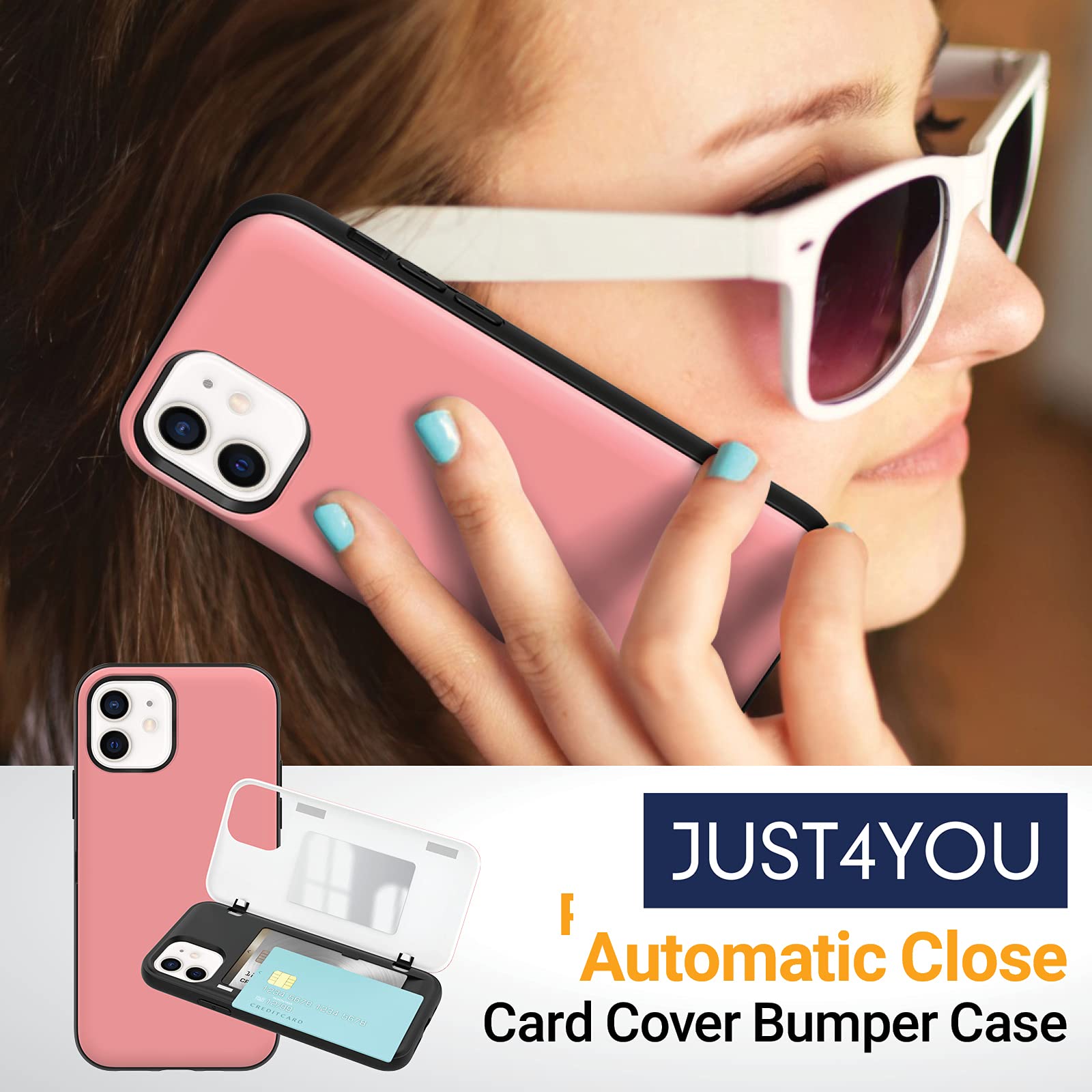 JUST4YOU Magnetic Wallet Case for iPhone 12 Mini - Slim Card Holder with Auto Closure & Hidden Mirror | Shockproof Bumper Cover (Pink) | Perfect for Everyday Use, Travel & Hands-Free Convenience