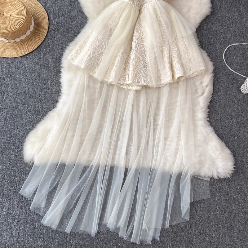 Lace Mesh Fluffy Summer Spaghetti Strap Dress for Women - Elegant Party, Wedding Guest, Beach Vacation Outfit