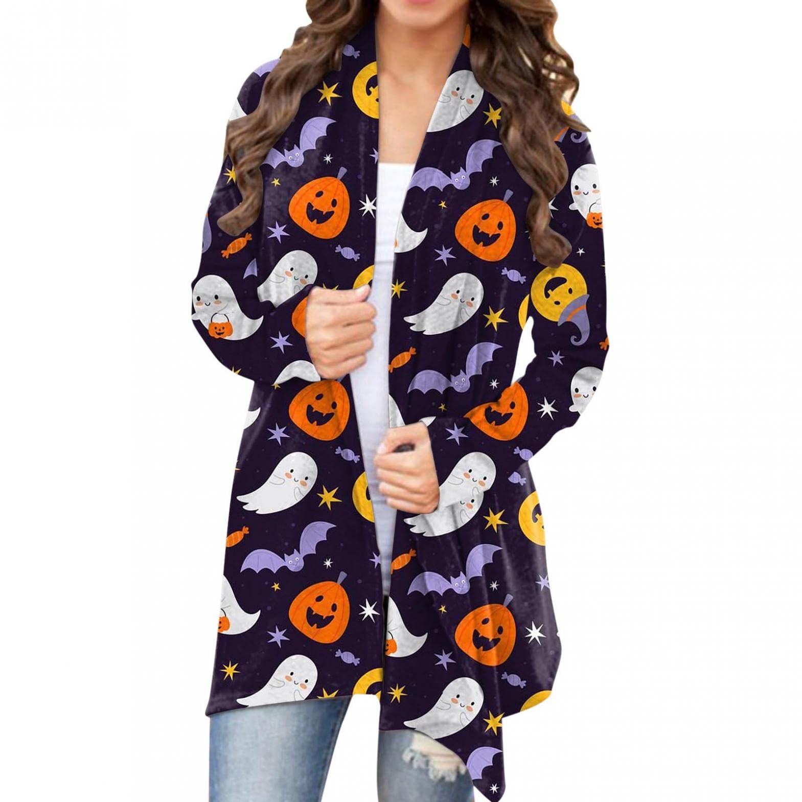 Funny Halloween Sweaters for Women - Pumpkin & Black Cat Print Long Sleeve Cardigan Open Front Lightweight Coat | Perfect for Halloween Parties, Office Costume Day & Autumn Outfits