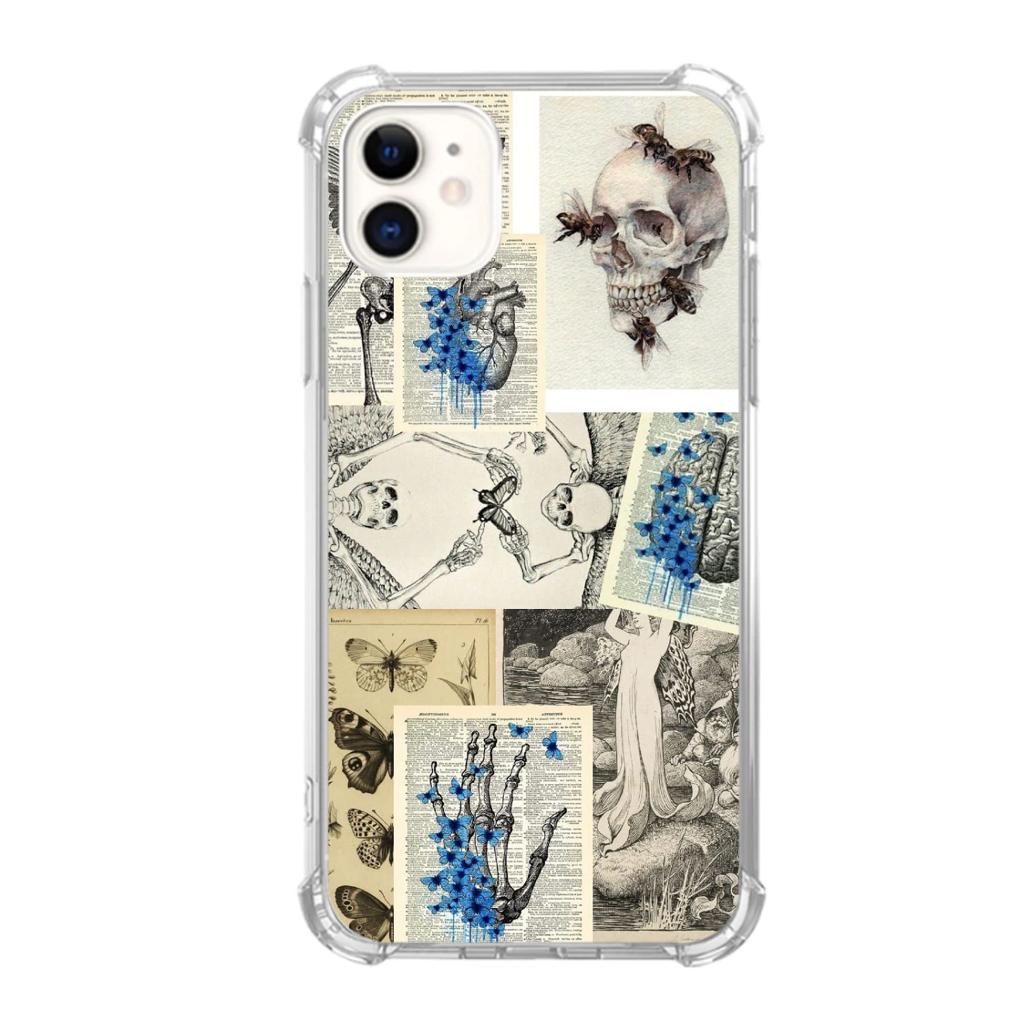 Vintage Skull & Blue Butterfly Phone Case for iPhone 11 - Soft TPU Bumper Cover with Newspaper Print - Unique Gothic Design for Women & Men - Perfect for Daily Use, Parties & Halloween Costumes