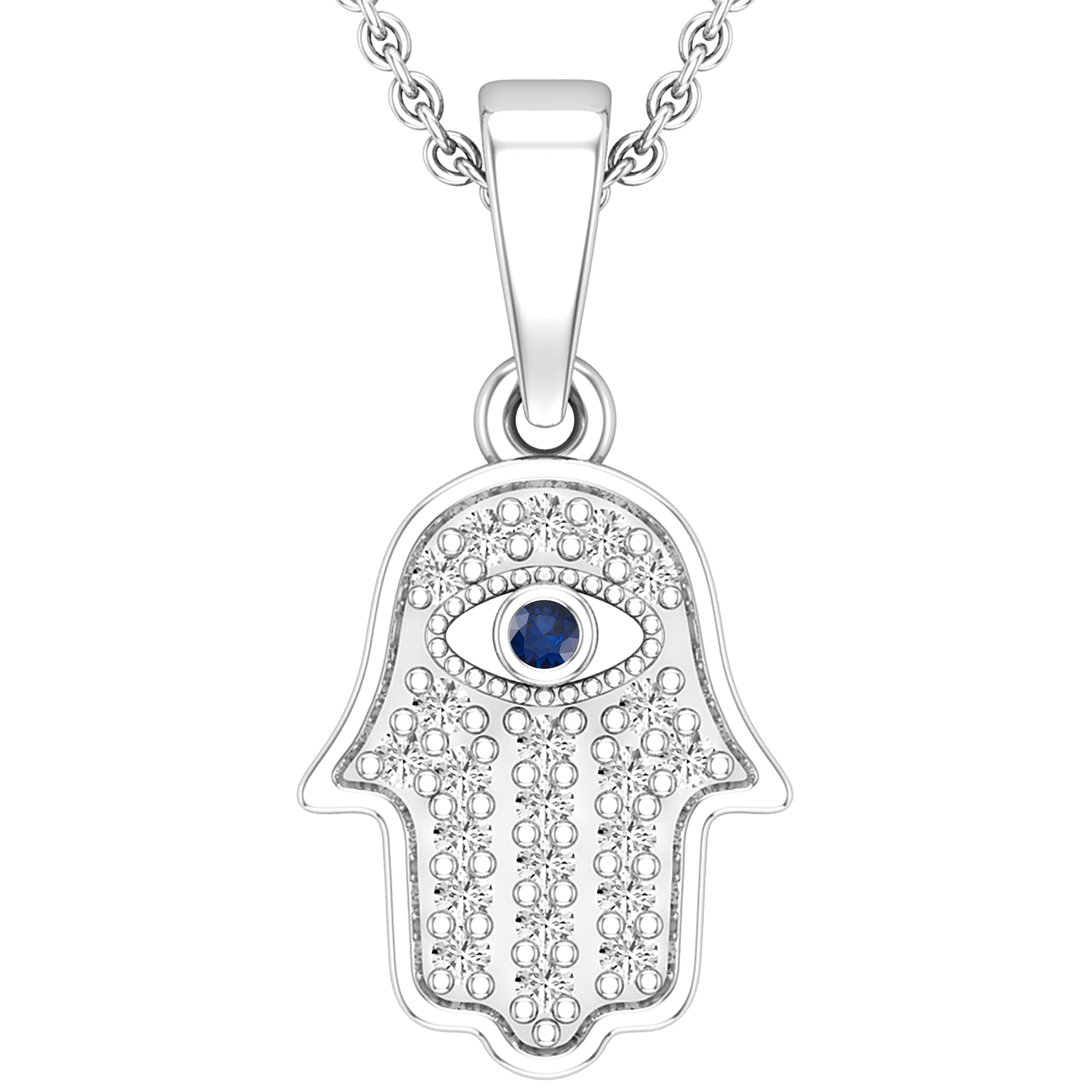 14K Solid White Gold Round Blue Sapphire & 0.09ctw White Diamond Hamsa Hand Evil Eye Charm Pendant for Women | Dazzlingrock Collection | Protection Jewelry Gift for Her, Birthday, Anniversary, Mother's Day