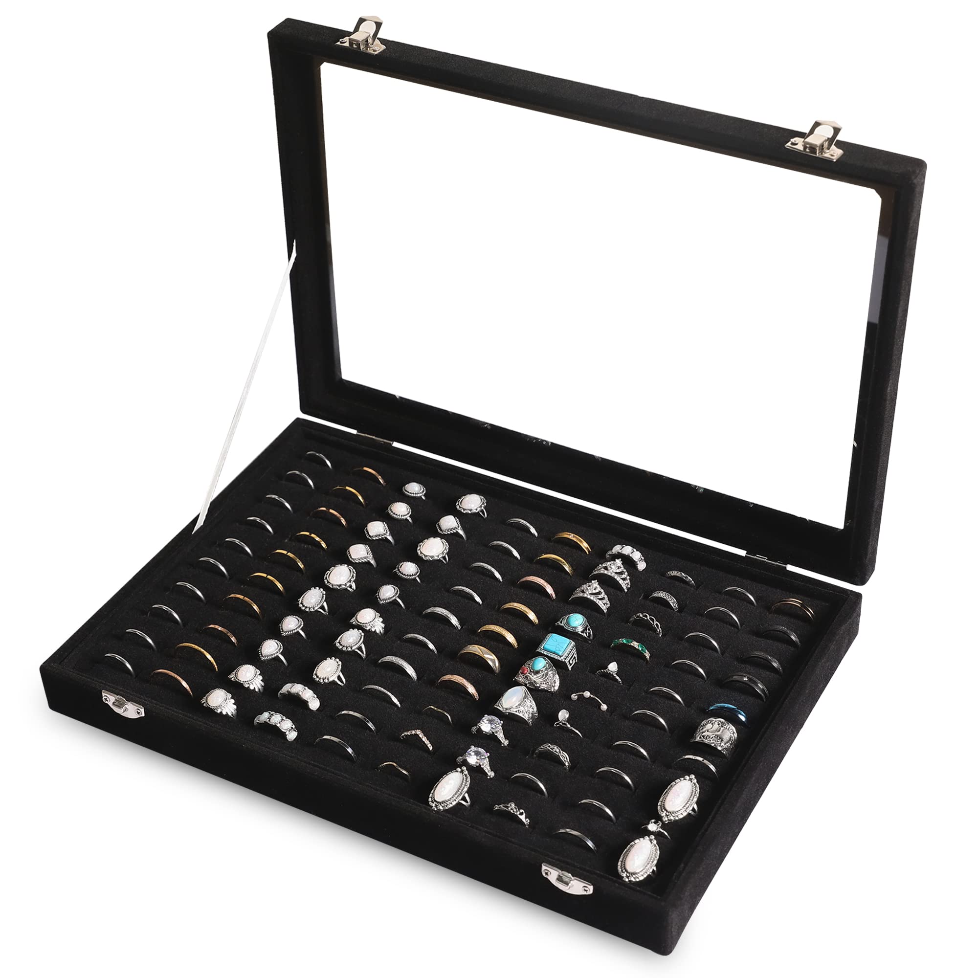 Frebeauty 100-Slot Ring Organizer Tray with Clear Lid - Velvet Jewelry Storage Box & Display Case for Women & Girls (Black/Grey) - Perfect for Home, Travel, and Jewelry Shop Organization