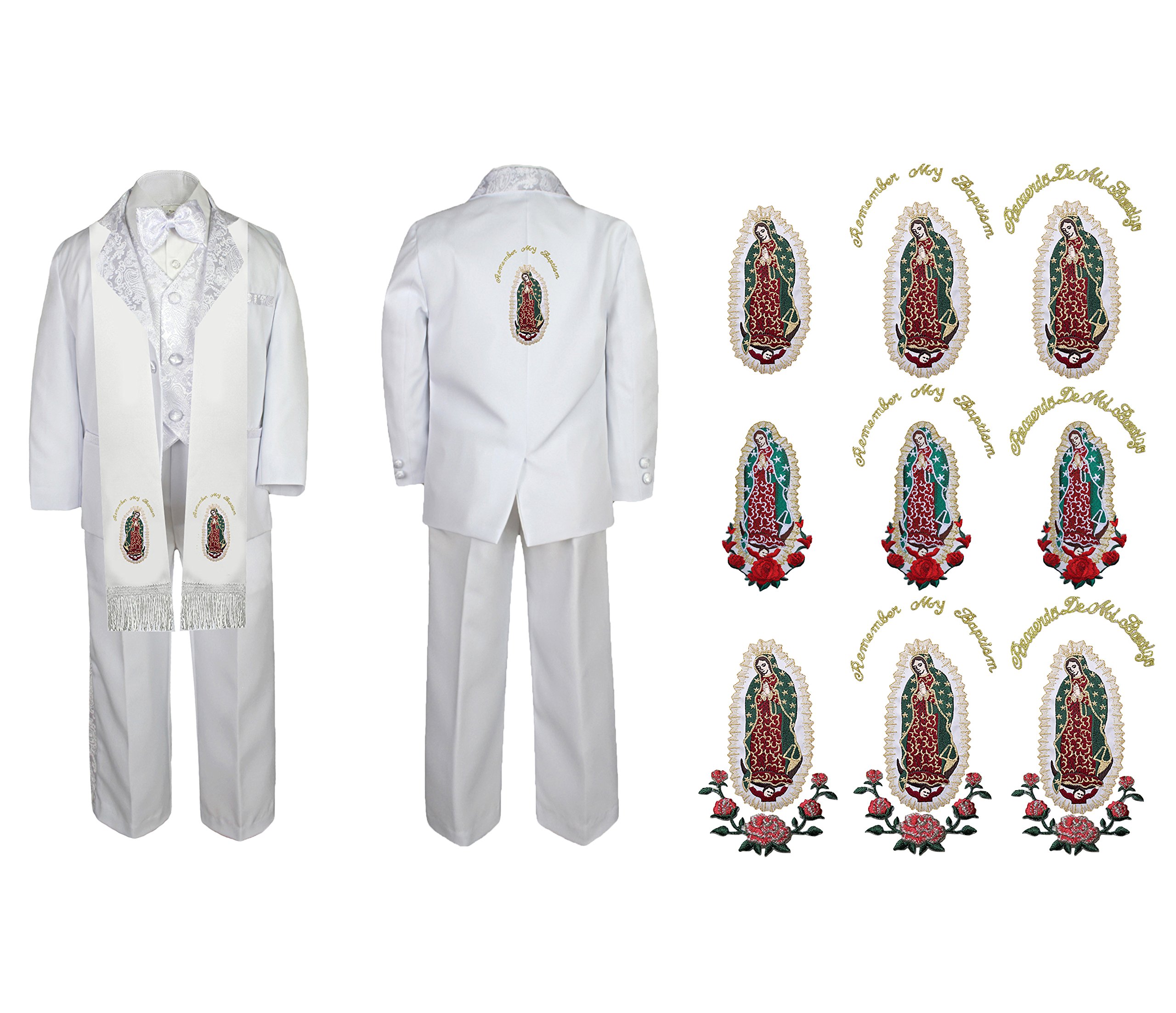 Baby Boy First Communion Suit - White Paisley Formal Outfit with Gold Guadalupe Stole & Back SM-20 | Perfect for Baptism, Christening & Special Church Events