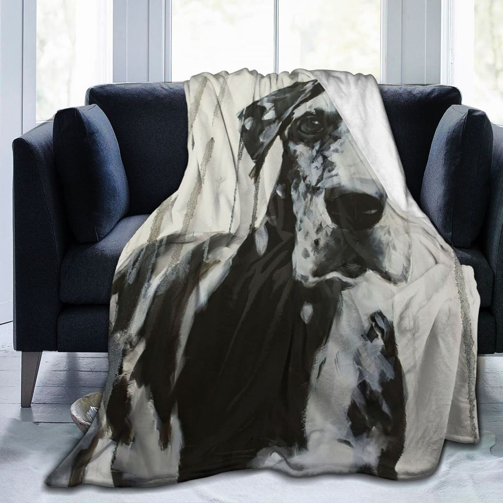 Large Black and White Harlequin Great Dane Mix Flannel Plush Soft Thanksgiving Throw Blanket - Cozy Lightweight Decorative Couch Blanket for Fall, Winter & Holiday Decor