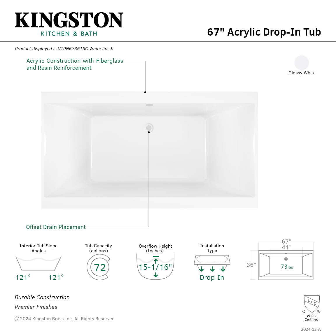 Aqua Eden 67-Inch Acrylic Drop-In Bathtub - Glossy White Rectangular Soaking Tub with Reversible Drain | Perfect for Master Bathroom Renovation & Spa-Like Relaxation
