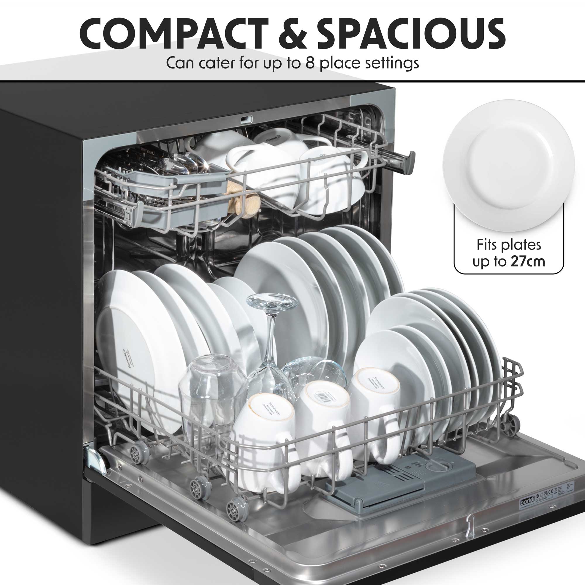 Baridi Compact Tabletop Dishwasher - 8 Place Settings, 6 Wash Programs, Ultra Quiet (42dB), 8L Capacity in Sleek Black (Model DH88) - Perfect for Apartments, RVs & Small Kitchens