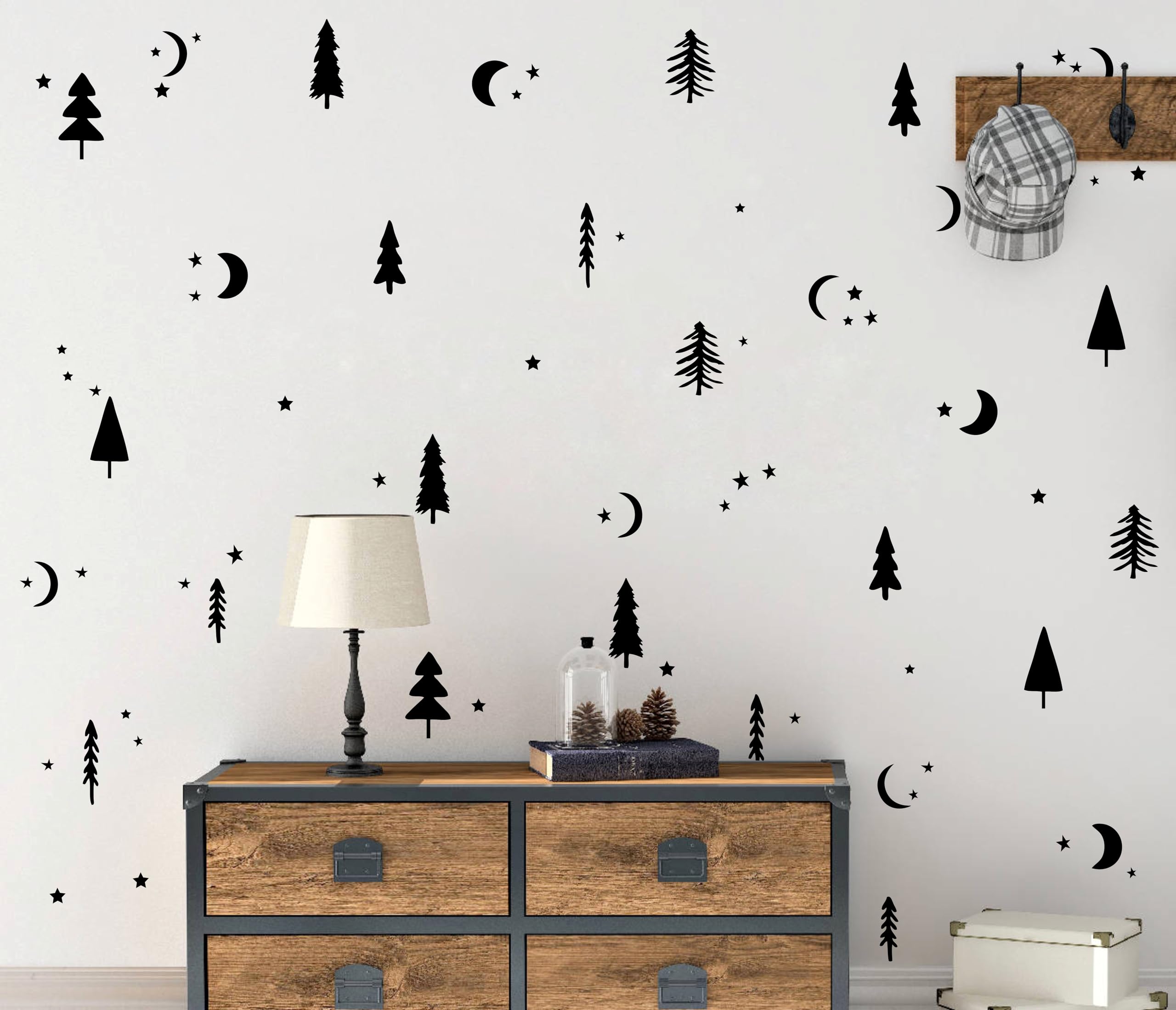 Starry Night Forest Wall Decals - Moon and Stars Peel & Stick Removable Wall Stickers for Kids Room & Nursery Decor - Black (Perfect for Bedroom, Playroom & Dorm Room Wall Art)